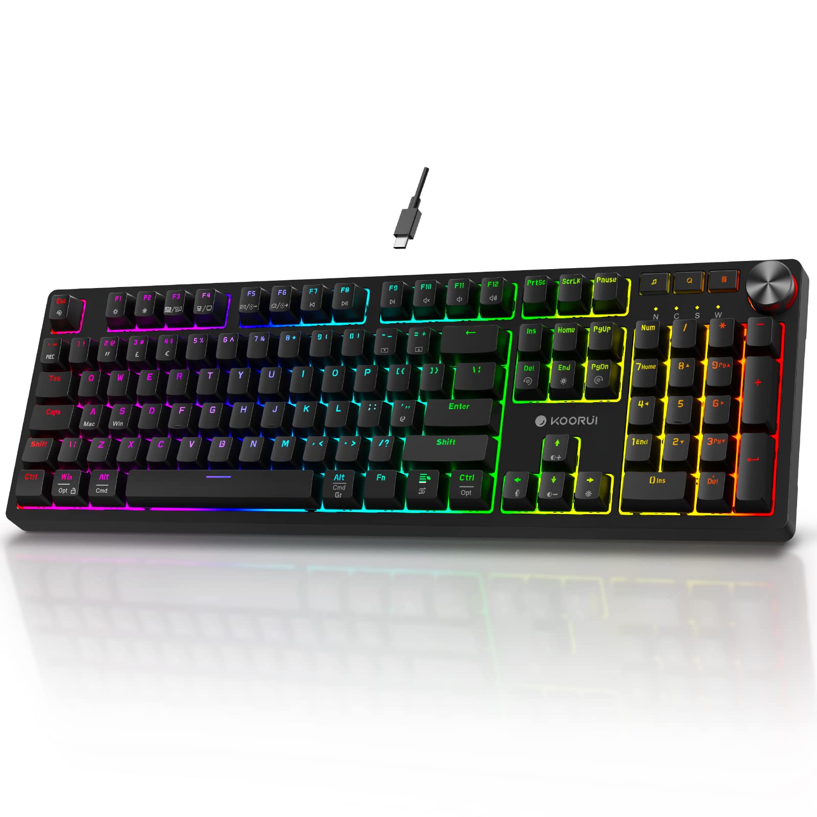 کیبوردهای بازی KOORUI، 26 RGB با نور پس زمینه، کیبورد مکانیکی باسیم 104 کلیدهای اندازه کامل با طرح UK و سوئیچ قهوه ای برای گیمرها برای ویندوز، مک‌اواس، لینوکس - 104 کلیدهای باسیم سوئیچ قهوه‌ای