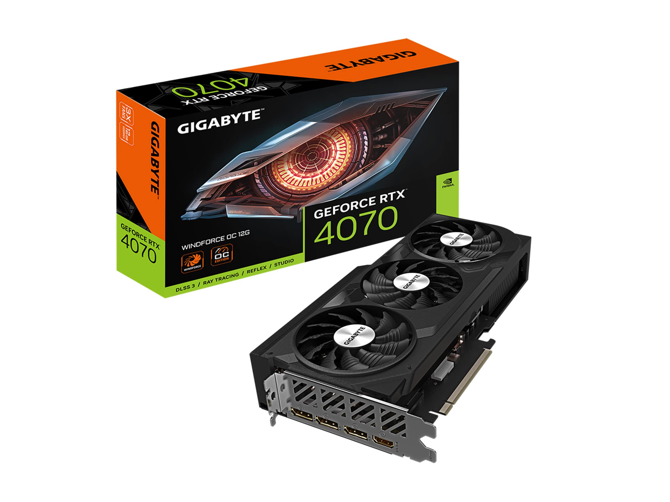 کارت گرافیک گیگابایت GeForce RTX 4070 WINDFORCE OC 12G، مجهز به 3 فن WINDFORCE، 12 گیگابایت حافظه GDDR6X 192 بیتی، مدل GV-N4070WF3OC-12GD