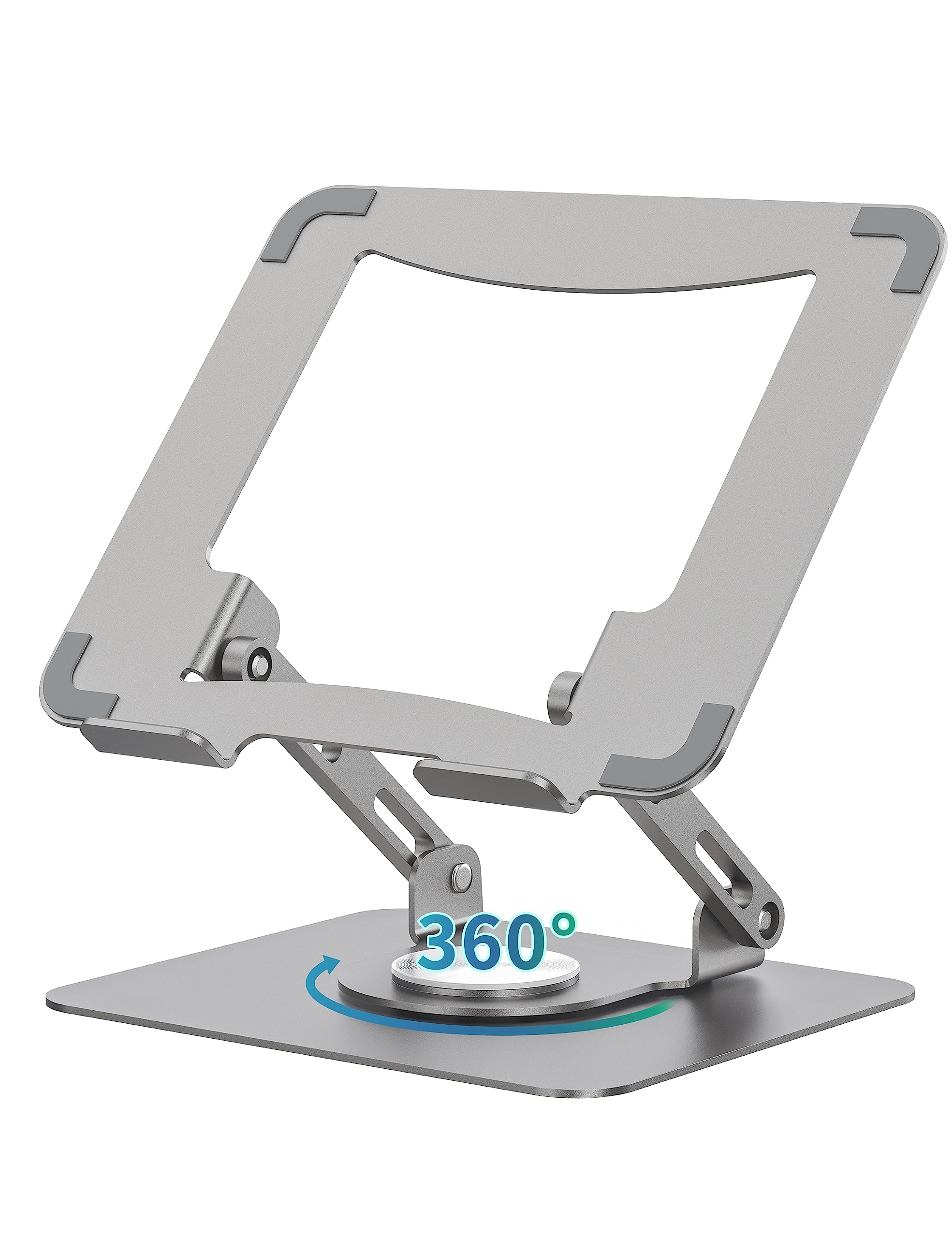 استند لپتاپ SOUNDANCE با پایه چرخان 360 درجه، ارگونومیک کامپیوتر بلندکننده برای میز، ارتفاع قابل تنظیم چند زاویه، نصب لپتاپ قابل‌تاشو، نگه‌دارنده فلزی پایدار پشتیبانی از نوت‌بوک 10-15.6 اینچی، نقره‌ای خاکستری