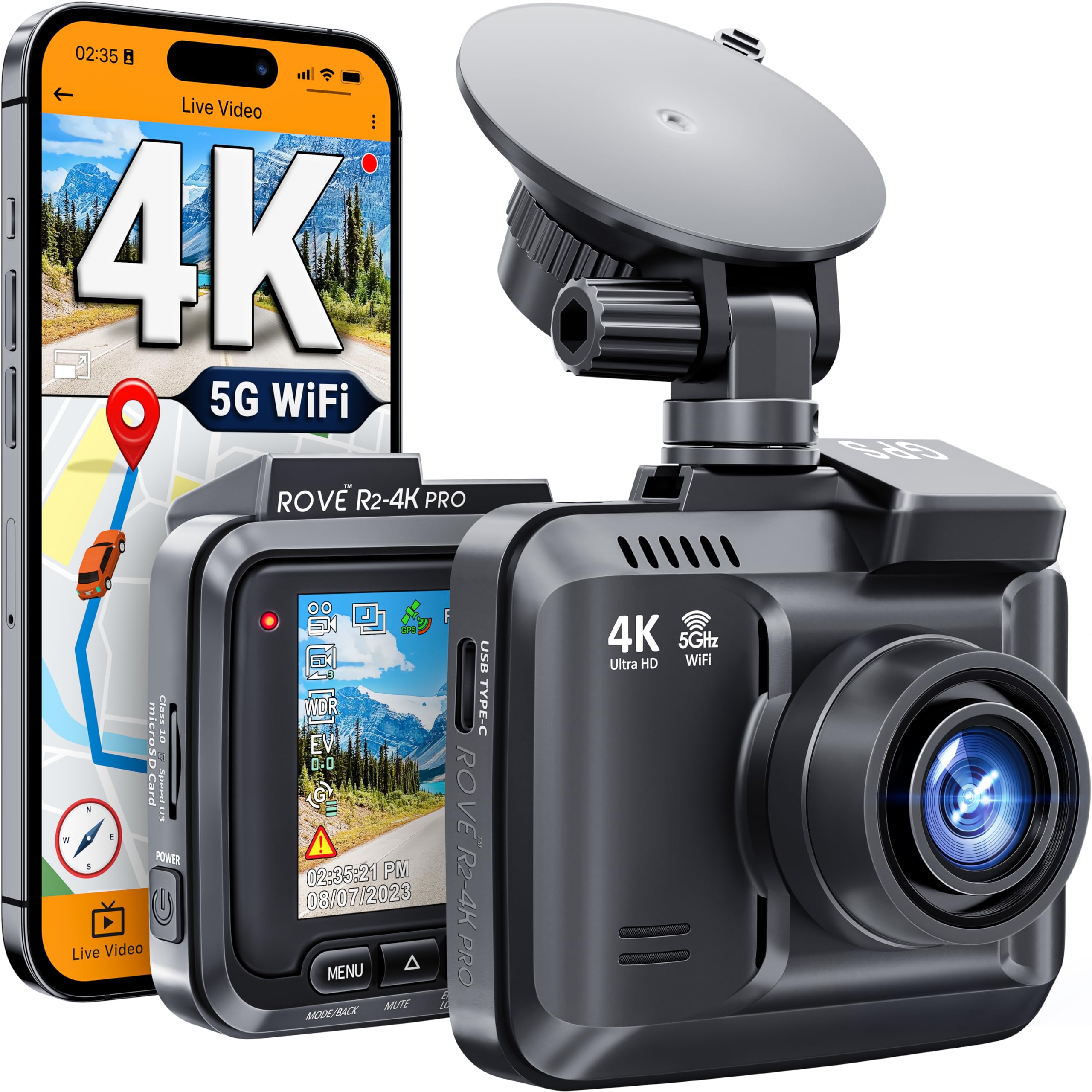 دوربین خودرو ROVE R2-4K PRO، GPS داخلی، دوربین وای فای 5G برای خودروها، داش کمرا با کیفیت UHD 2160P و سرعت فریم 30، دارای اپلیکیشن، صفحه نمایش IPS 2.4 اینچ، دید در شب، WDR، زاویه دید 150 درجه، حالت پارکینگ 24 ساعته، حداکثر پشتیبانی از حافظه 512 گیگابایت