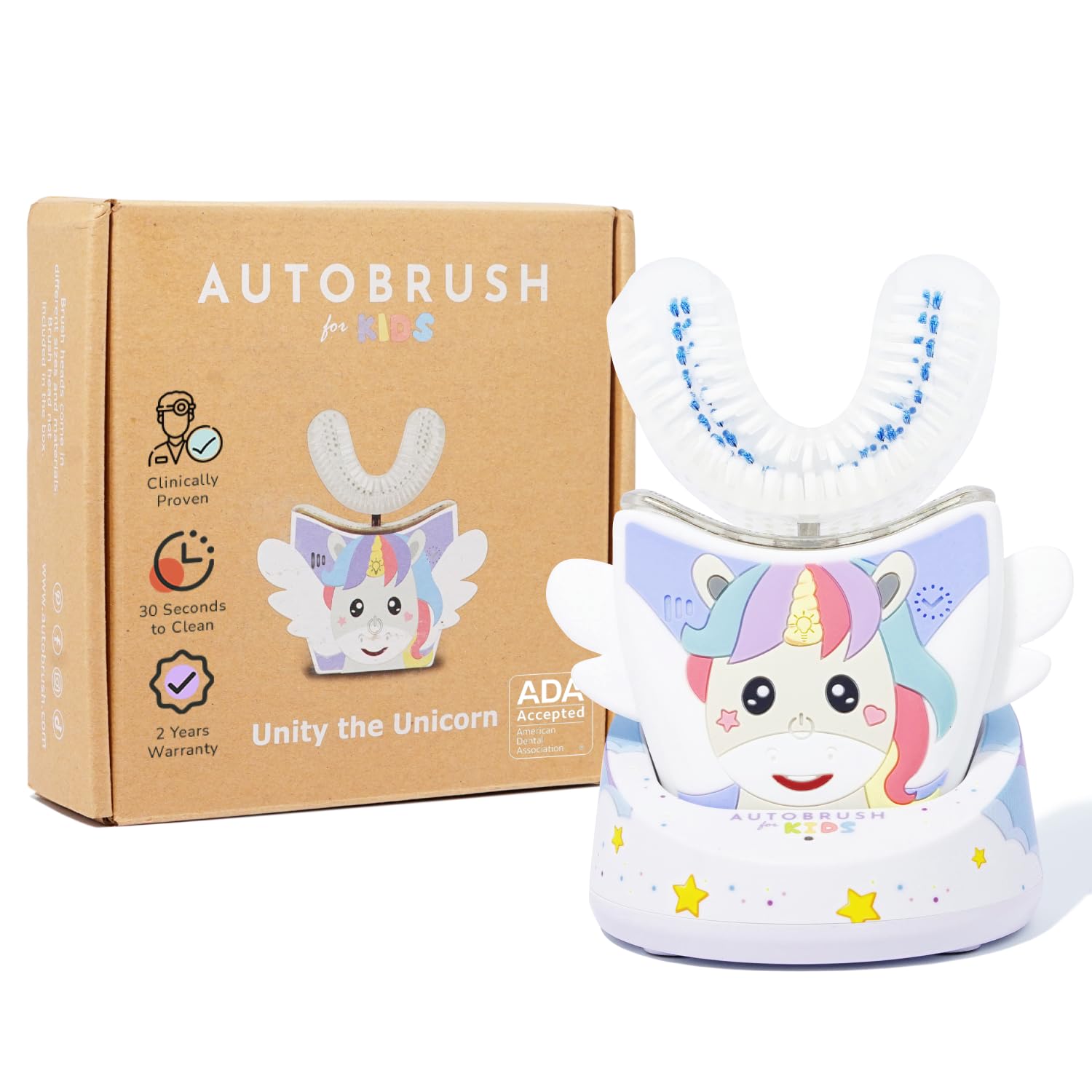 AutoBrush Sonic Pro کودکان U شکل مسواک برقی، با رزین های نایلون 360 درجه ای منحصر به فرد با 3 حالت تمیز کردن، چراغ های LED سفید کردن دندان، ضدآب (دو رو)، سن 6-8، یونیکورن سن 6-8، یونیکورن (دو رو)