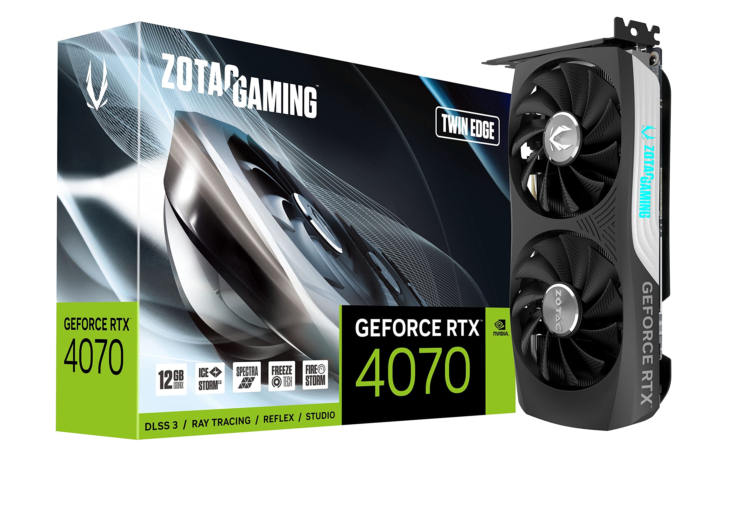 کارت گرافیک بازی کوچک ZOTAC Gaming GeForce RTX 4070 Twin Edge DLSS 3 با حافظه 12 گیگابایت GDDR6X 192-bit و سرعت 21 گیگابیت بر ثانیه PCIE 4.0، خنک کننده پیشرفته IceStorm 2.0، نورپردازی RGB Spectra، مدل ZT-D40700E-10M