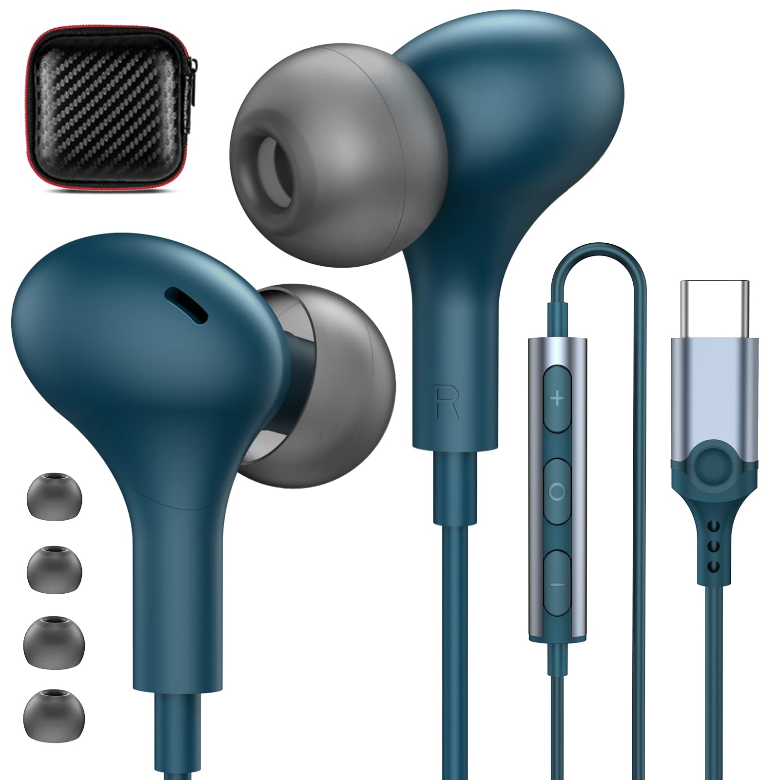 هدفون USB C برای سامسونگ S24 Ultra S23 S22 S21 FE Plus Flip Fold A54، آیفون 15، این هدفون‌های سیمی مغناطیسی با قابلیت کنترل حجم برای آیپد 10، پیکسل 6 7a، وان‌پلاس رنگ آبی دریایی