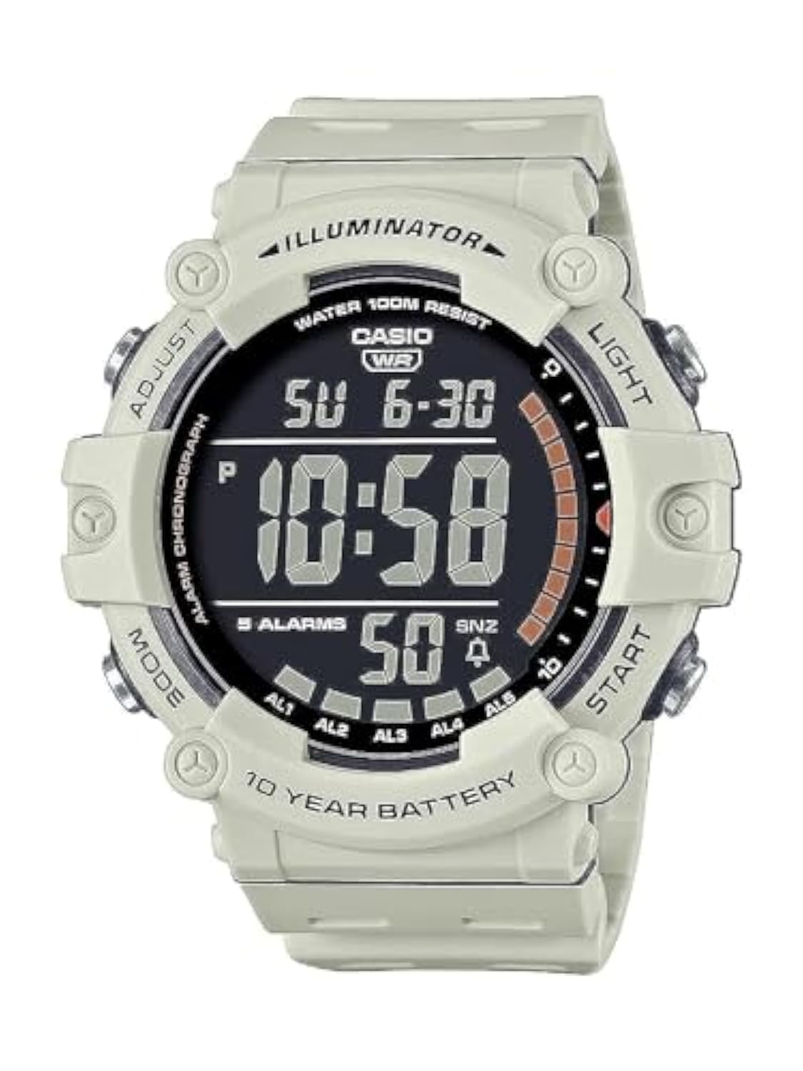 مدل Casio Illuminator AE1500WH | باطری ۱۰ ساله | نور پس‌زمینه LED | ۵ هشدار | کرونومتر ۱/۱۰۰ ثانیه‌ای | ساعت دیجیتال مردانه رنگ سفید استاندارد
