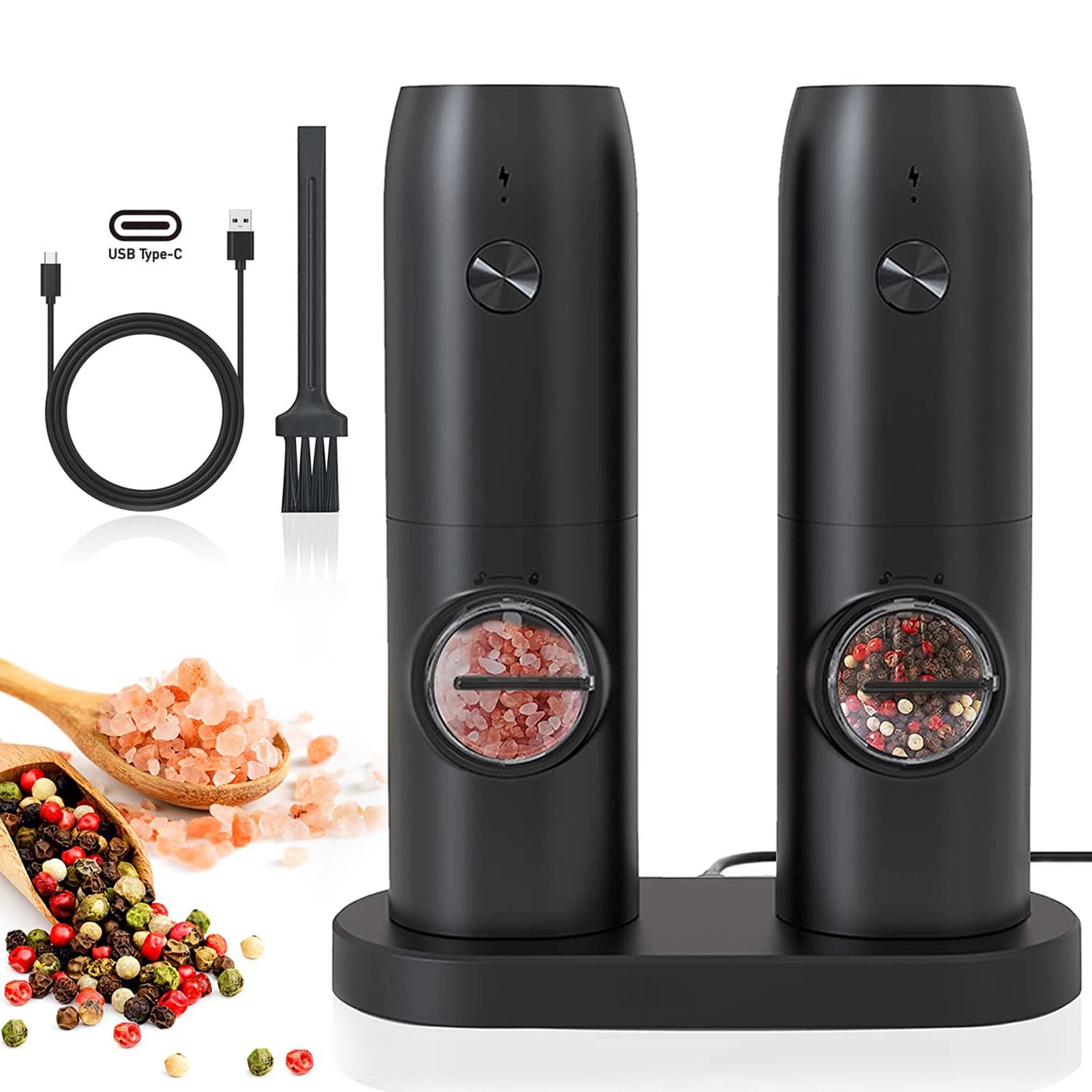 بسته 2 عددی آسیاب نمک و فلفل برقی TDOO دارای چراغ LED، 5 سطح تنظیم خردایی قابل تنظیم، آسیاب فلفل اتوماتیک قابل شارژ Type-C با پایه شارژ، ظرفیت بزرگ 70 میلی لیتری ، رنگ مشکی