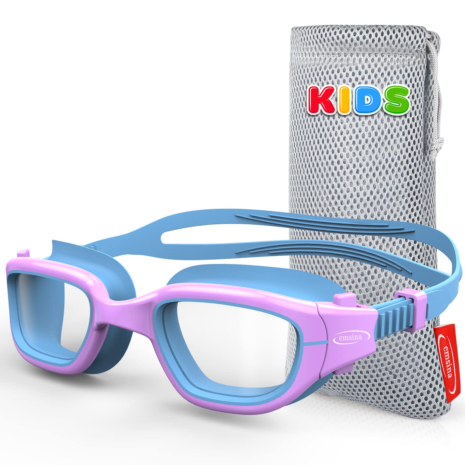 Emsina Kids Swim Goggles، سویابند ضد مه برای کودکان در سنین 7-12 پسران و دختران بنفش آبی لنز شفاف