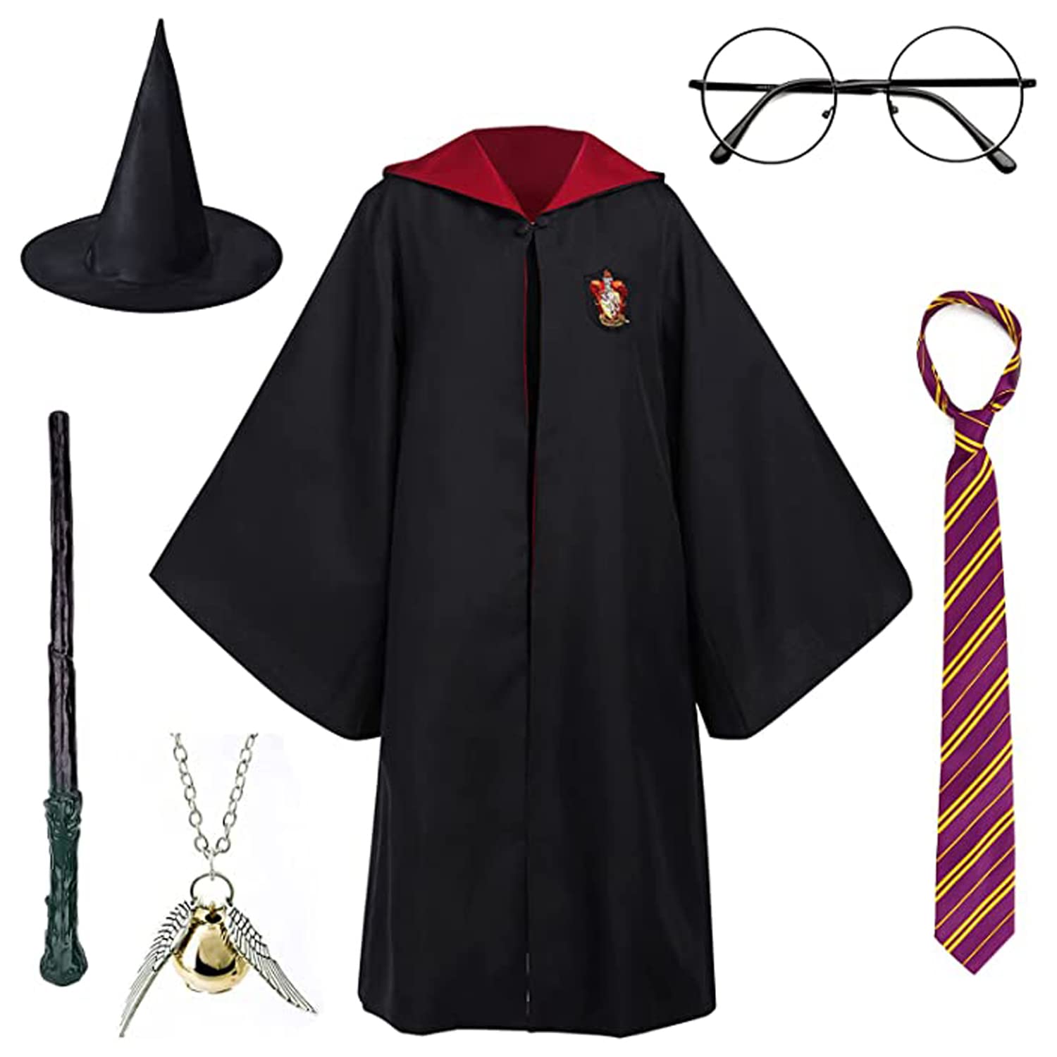 ست لباس ویزارد کاپشن کاپشن ، مجموعه کاپشن کاپشن Hogwarts Wizarding World برای کودکان و بزرگسالان ، لوازم جانبی لباس با کراوات خطی ، قاب عینک ، کلاه سحرآمیز ، عصای جادویی، پاندانت... بچه ها