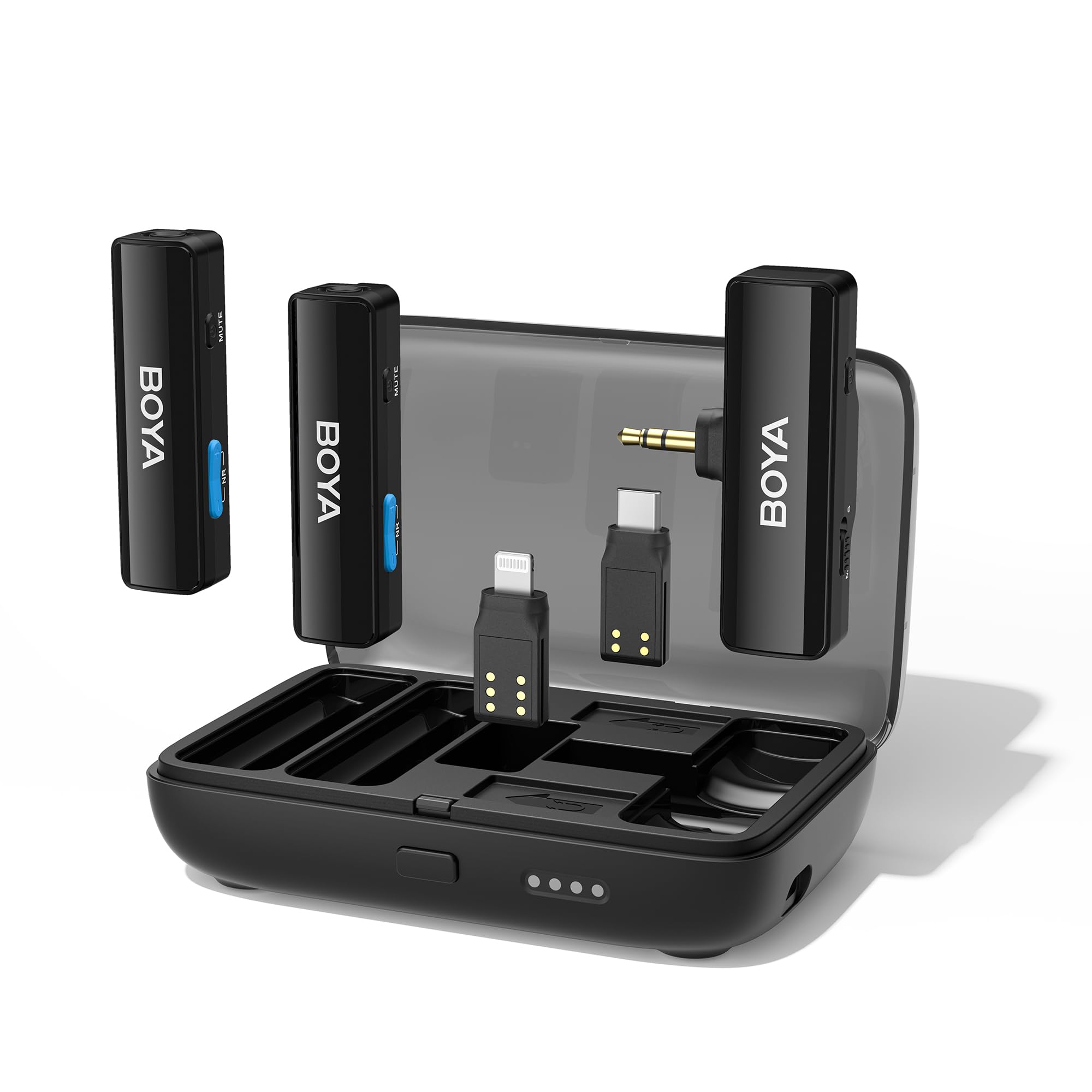 میکروفون بی‌سیم BOYALINK با دو کانال لاولیر میکروفون کلیپی Lapel Mic کیف حمل شارژ پذیر Lightning/USB-C/آداپتور 3.5 میلی‌متری برای آیفون اندروید دوربین، زمان کارکرد 10 ساعته، کاهش نویز برای ضبط صدا و ویدیو