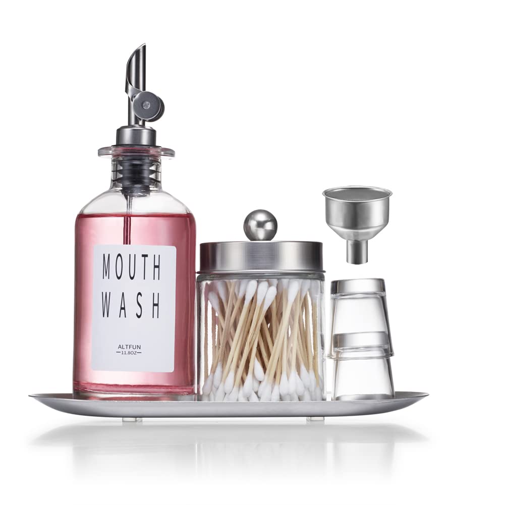 Glass Mouthwash Dispenser for Bathroom with Cups, Style Mouthwash Container Bottle with Qtip Holder,Glass Bottle 11.8oz Refillable Mouthwash Dispenser with Tray Funnel, Silver