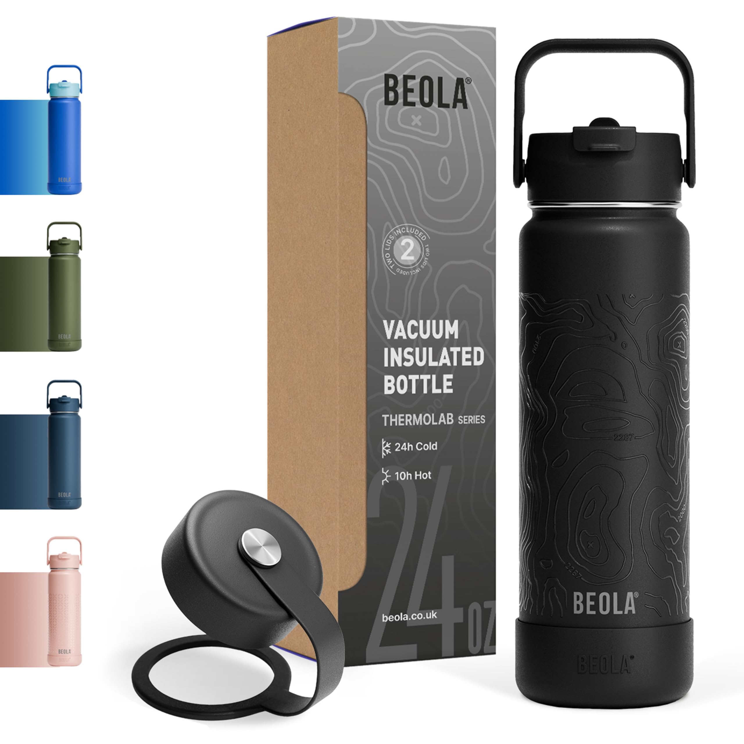 BEOLA 750ml Vacuum Insulated Water Bottle, Double Wall Thermolab series Stainless Steel Drinking Flask with Straw Lid & Wide Mouth, 2 lids, Hot Cold thermo Sports Bottle, 25oz (Mountain Black)