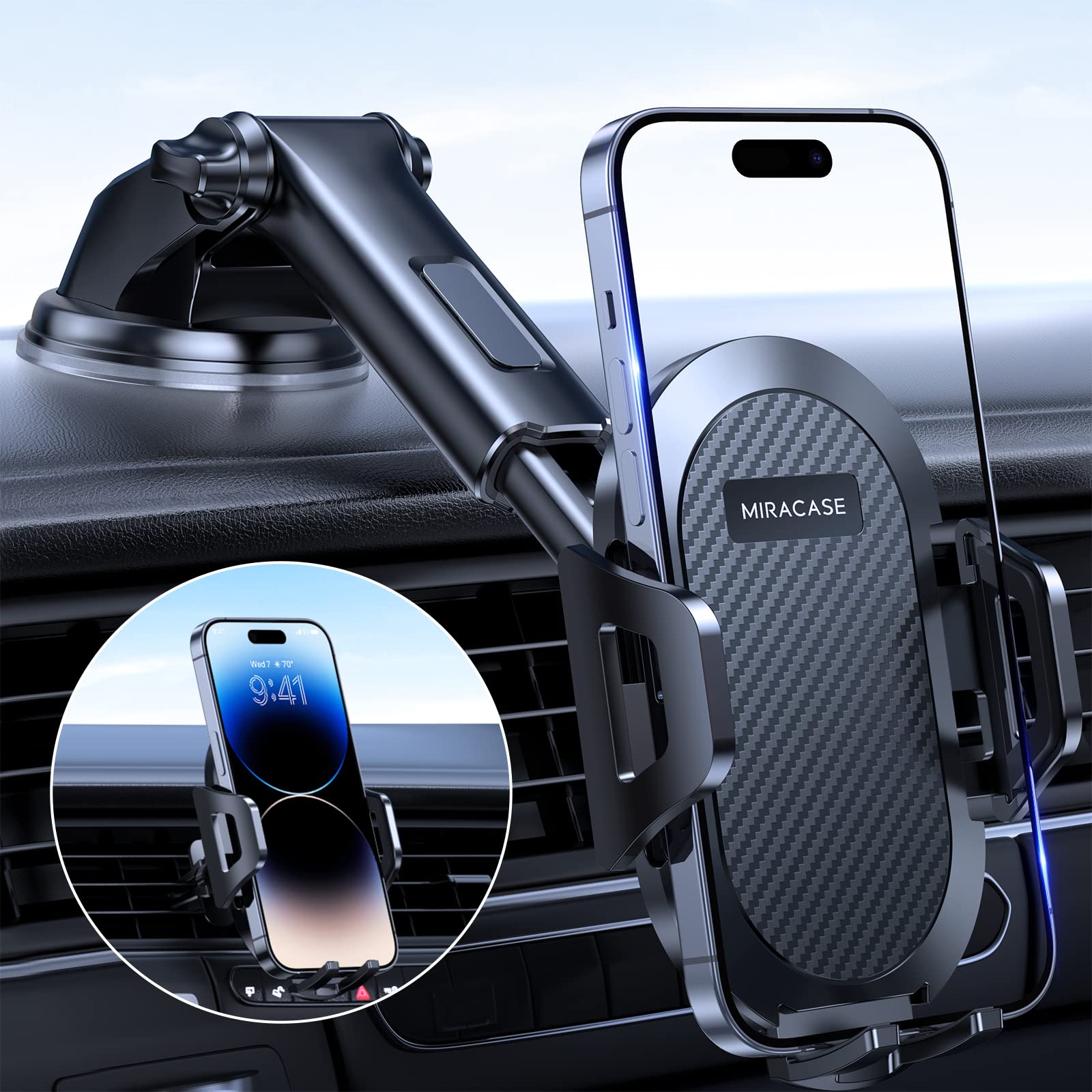 Miracase Car Phone Holder New Generation 2023, هلدر تلفن همراه، هلدر سلول حبابی برای داشبورد، شیشه جلو و هواکش، هلدر موبایل خودرو با دستگاه اشتراکی نوردی مقاوم به گرما، سازگار با تمام گوشی‌های هوشمند برای داشبورد/شیشه جلو/هواکش