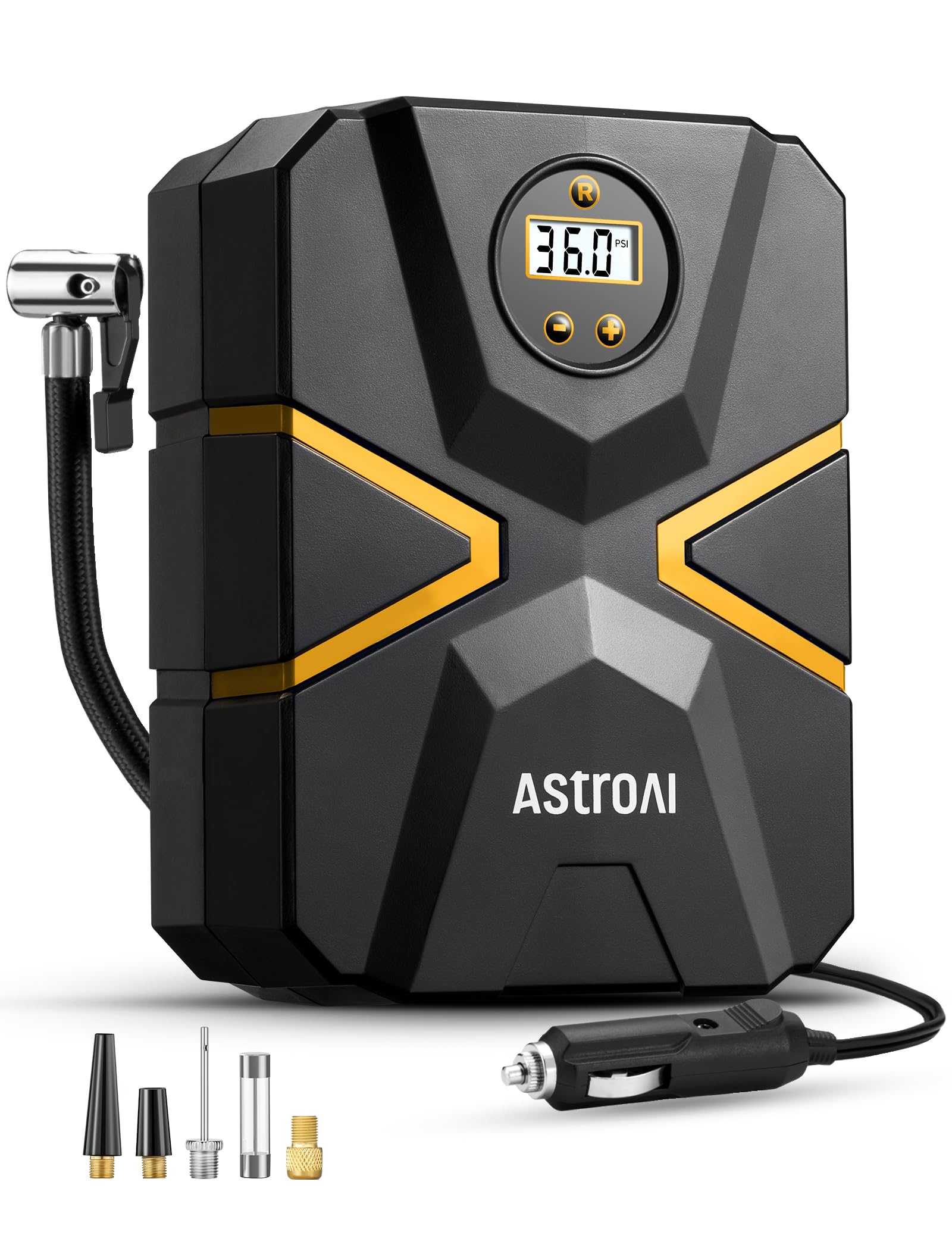 پمپ هوا AstroAI Tyre Inflator Air Compressor 12V DC، Digital Car Tyre Pump 150 PSI، فشار تایر پیش‌تنظیم شده و خاموشی خودکار، پمپ برقی هوا برای تایرهای اتومبیل، دوچرخه‌ها، سایر وسایل توری (زرد)