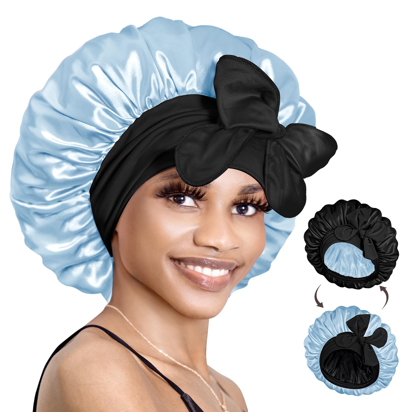 کلاه موی ابریشمی BONNET QUEEN برای خوابیدن بانوان کلاه موی ابریشمی کلاه موی ترکیبی مواد قابل تنظیم بسته موی شبانه با بند بسته مشکی و آبی روشن (دو لایه و قابل برعکس شدن) M