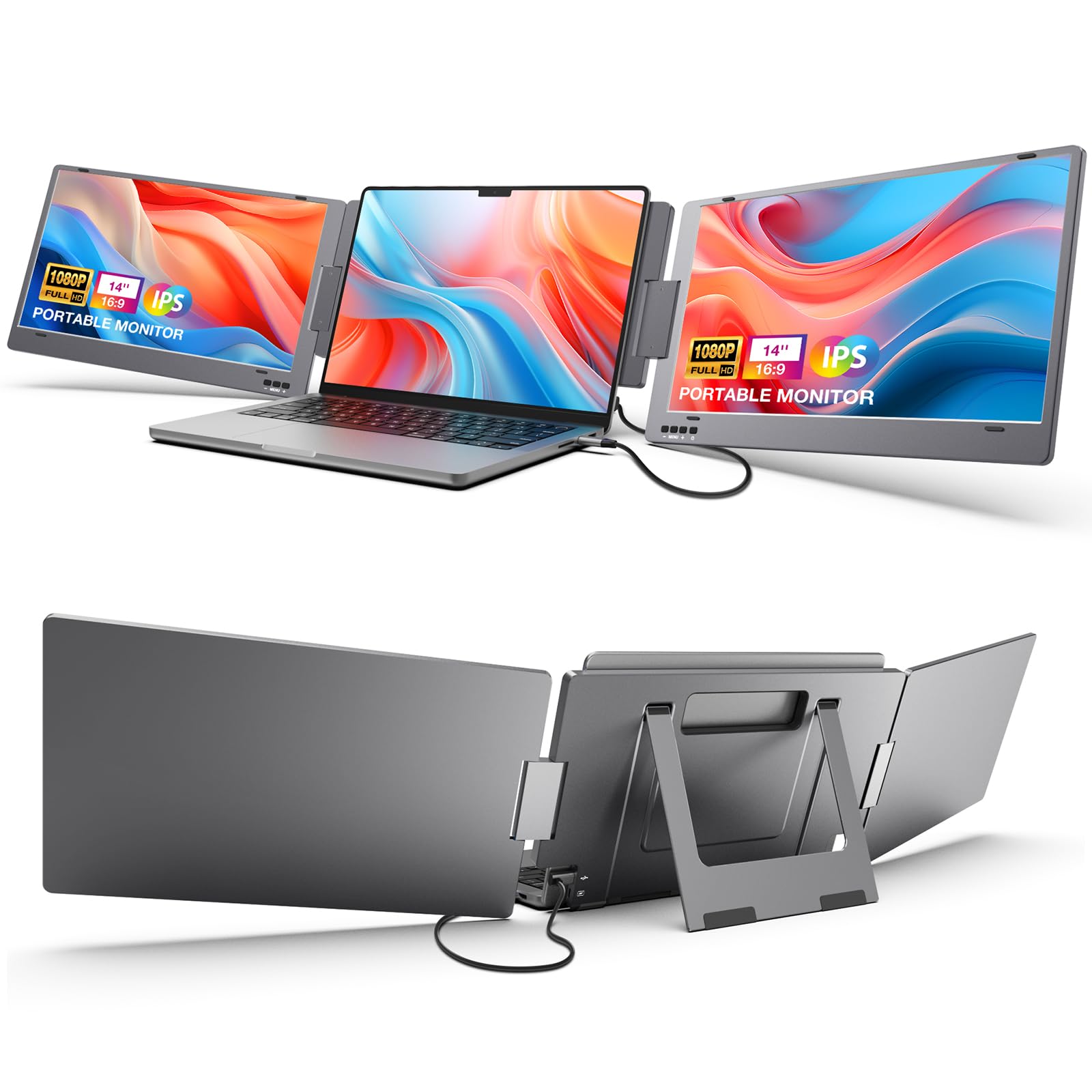 صفحه نمایش قابل حمل سه گانه KYY برای لپ تاپ، 14 اینچ FHD 1080P USB-C حامل صفحه نمایش لپ تاپ HDR IPS، نمایشگر کامپیوتر دوگانه برای صفحه نمایش سه گانه، نمایشگر قابل حمل برای لپ تاپ 12 "-16" (مک، ویندوز، آندروید) X90A