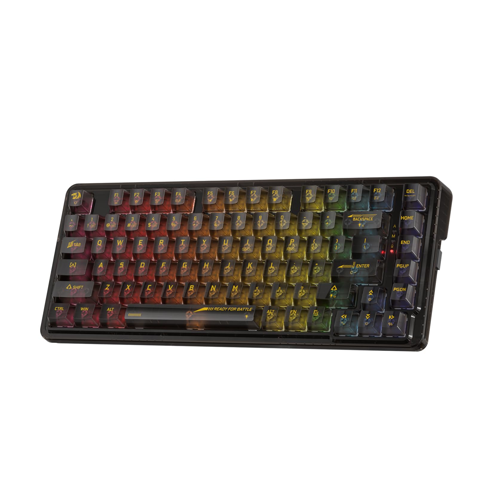کیبورد بازی Redragon K649 PRO 78% بی‌سیم RGB، دارای ۳ حالت و ۸۲ کلید، کیبورد مکانیکال کوچک پر‌شفاف با قطعات قابل تعویض و پیشرفته، جاذب صداهای فوم، سوییچ شفاف و سیاه.