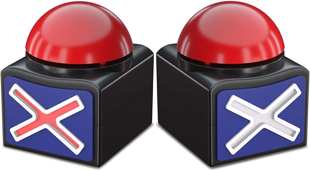 2 عدد دکمه بازی Buzzers، پاسخ Buzzers برای نمایش با نور و صدای آلارم. جعبه دکمه بازی Party Contest Prop Toy، تست آزمون دانشنامه "Got Talent Buzzer" برای کودکان و بزرگسالان، بازی Family Feud.
