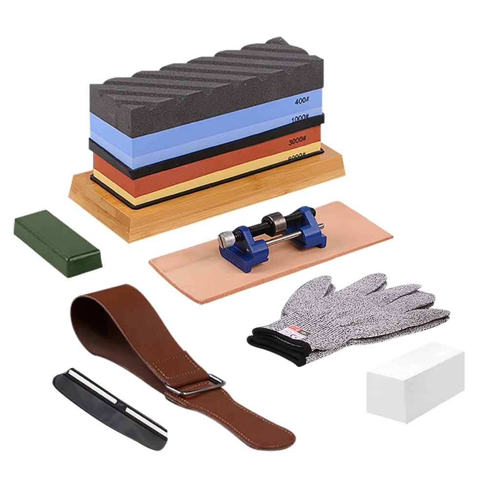 مجموعه سنگ تیزکننده چاقو Whetstone شامل 4 سنگ تیزکننده با دانه بندی 400/1000 و 3000/8000، پایه بامبو ضد لغزش، دستمال چرمی برای تیزکردن چاقو، راهنمای تیزکنی با زاویه مشخص، راهنمای تیزکنی، و دستگاه صاف کننده سطح سنگ تیزکننده می‌باشد.