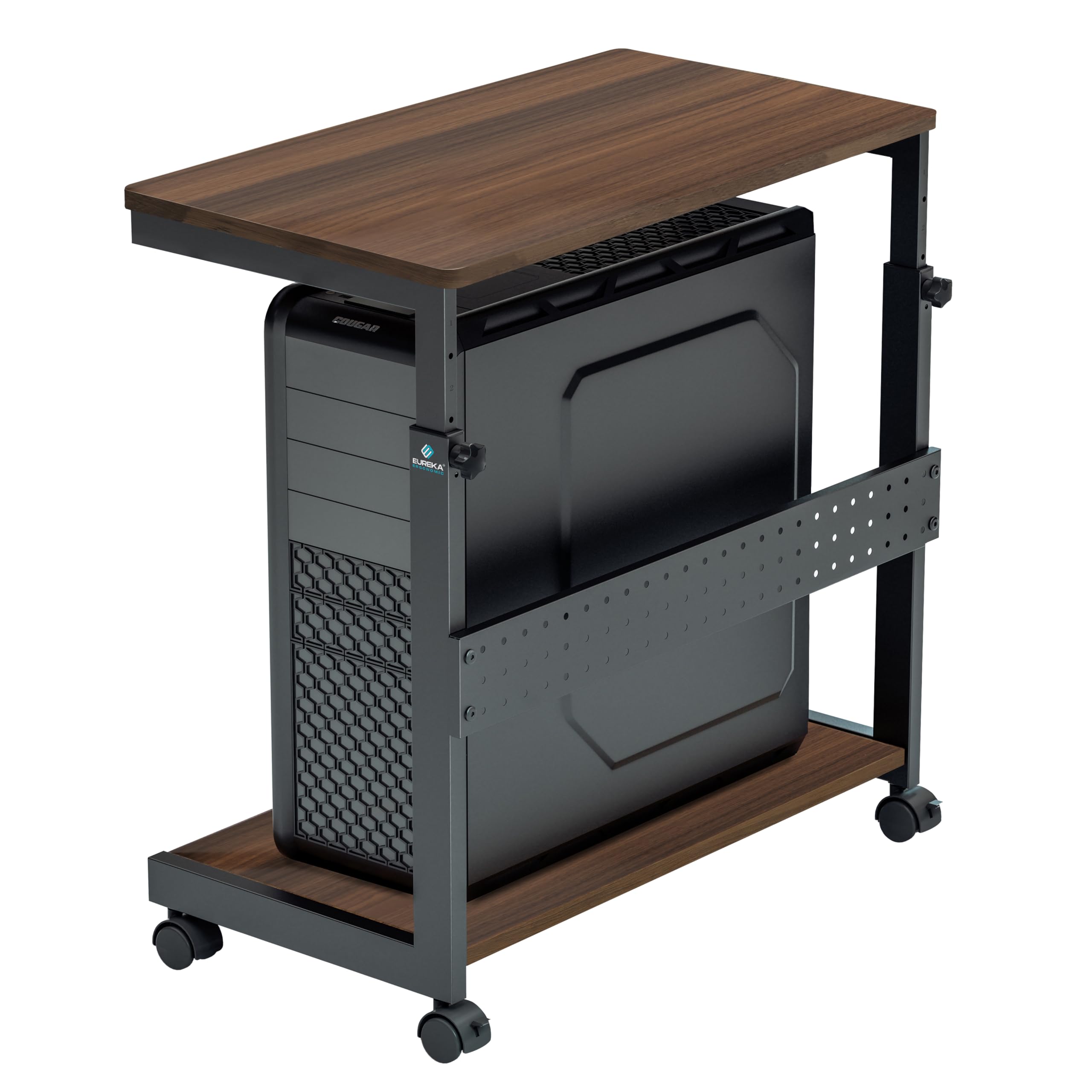 کارت کامپیوتر EUREKA ERGONOMIC PC Stand ، ایستگاه قابل تنظیم ارتفاع برای کیس ATX پرینتر مناسب طبقه 2 ، کارت فلزی با چرخ ها برای بازی در منزل یا دفتر کار ، گردویی