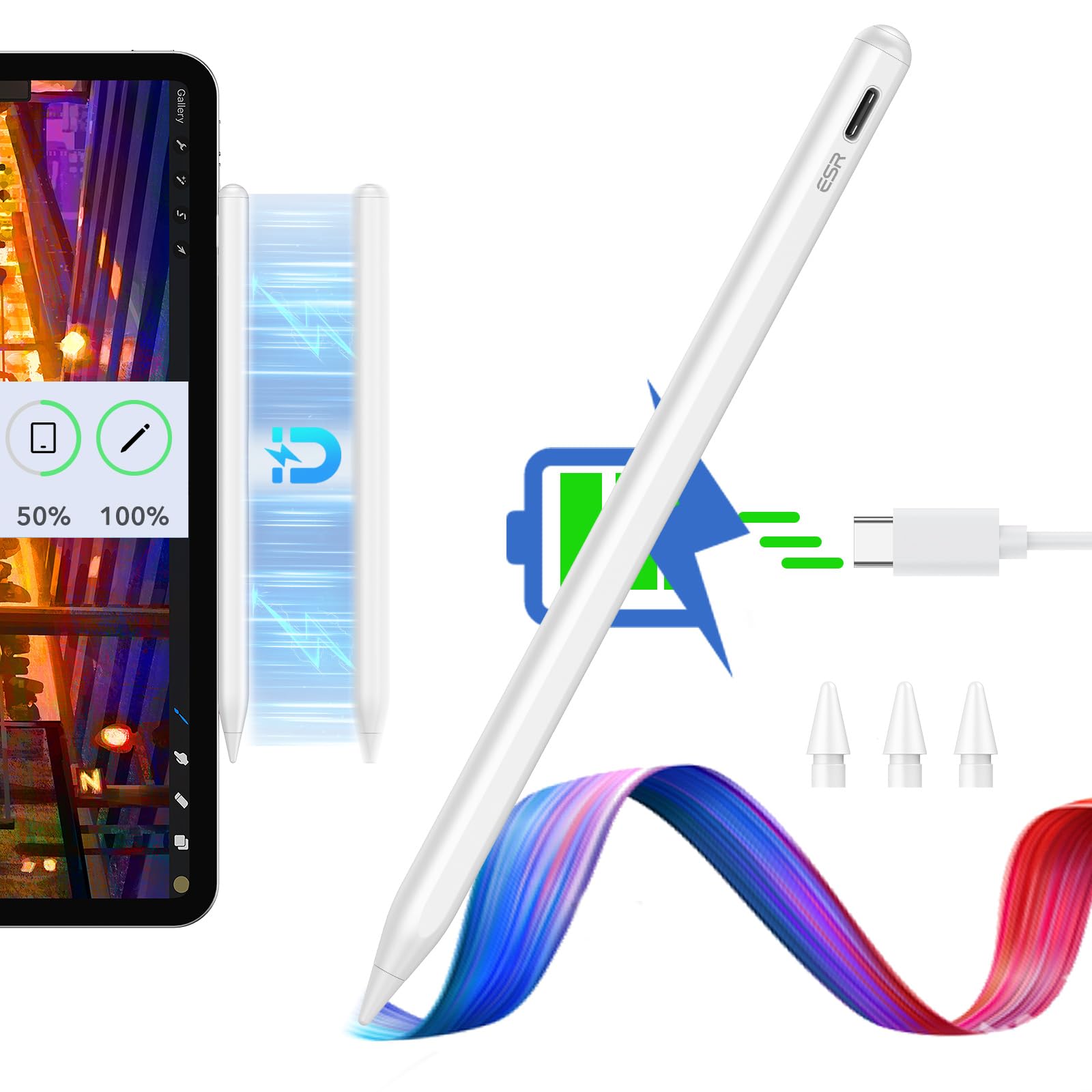 قلم نوشتن ESR Stylus برای iPad، قلم بی‌سیم مغناطیسی برای شارژ iPad، قلم دیجیتال Pro با حساسیت نوک کشیدن و ردیابی دست Palm برای iPad Pro 12.9/11، iPad Air 5/4 و iPad Mini 6، شارژ بی‌سیم - سفید
