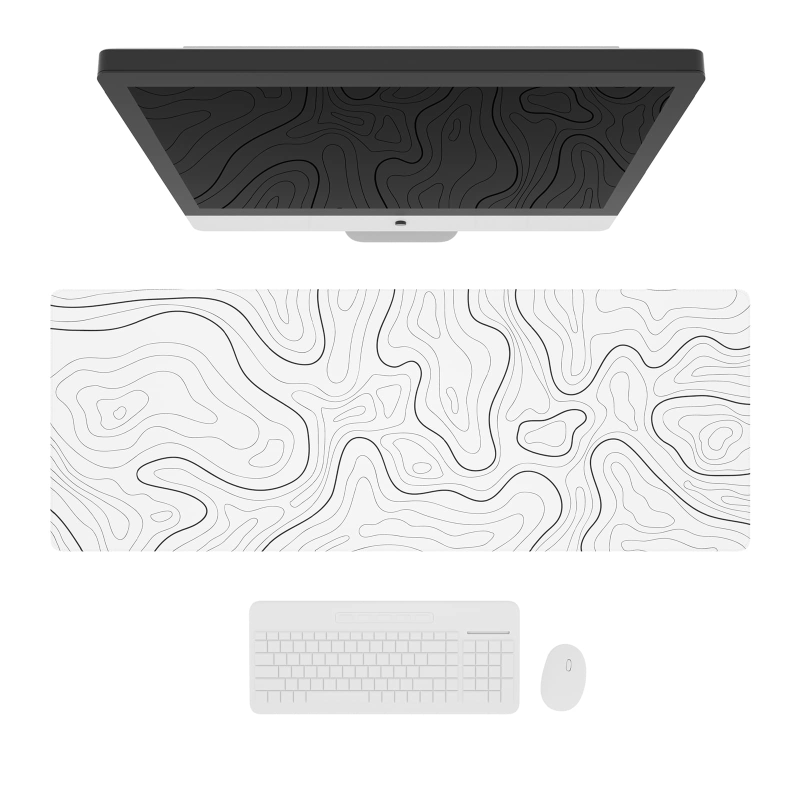 موس پد بازی بزرگ Ovenbird با لبه‌های دوخته شده، فرش نقشه توپوگرافی حداقلی، محافظ میز بزرگ Extended XL با پایه ضد لغزش، میز پد خفن برای کیبورد و موس، 35.4 × 15.7 اینچ، سفید بزرگ (35 اینچ × 16 اینچ) نقشه سفید