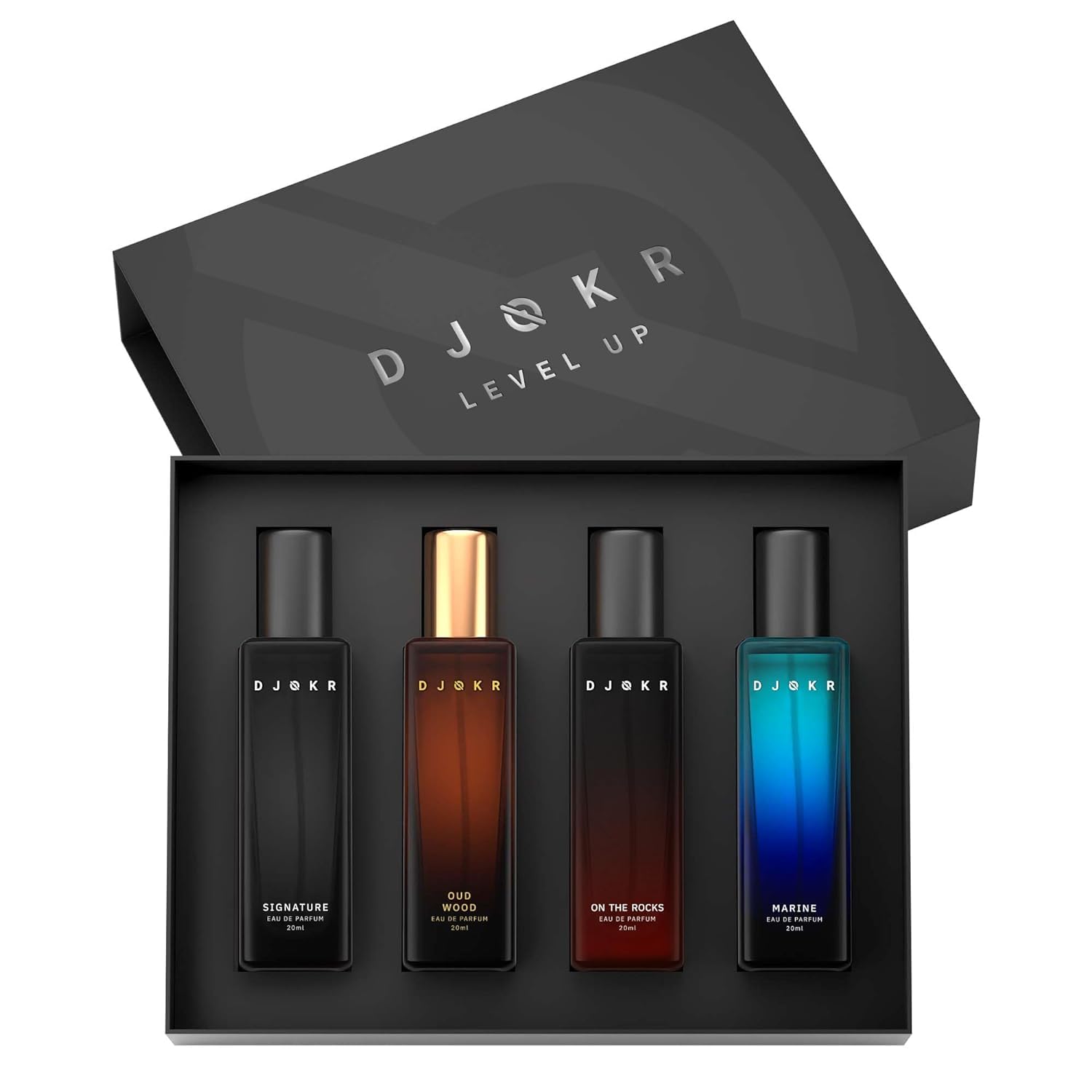 مجموعه هدیه عطر DJOKR برای مردان بسته 4x20 میلی لیتر | او دو پرفیوم | اسپری ادو پرفیوم لوکس و ماندگار | امضا، درست بر روی سنگ، چوب عود، دریایی (4x20 میلی لیتر)