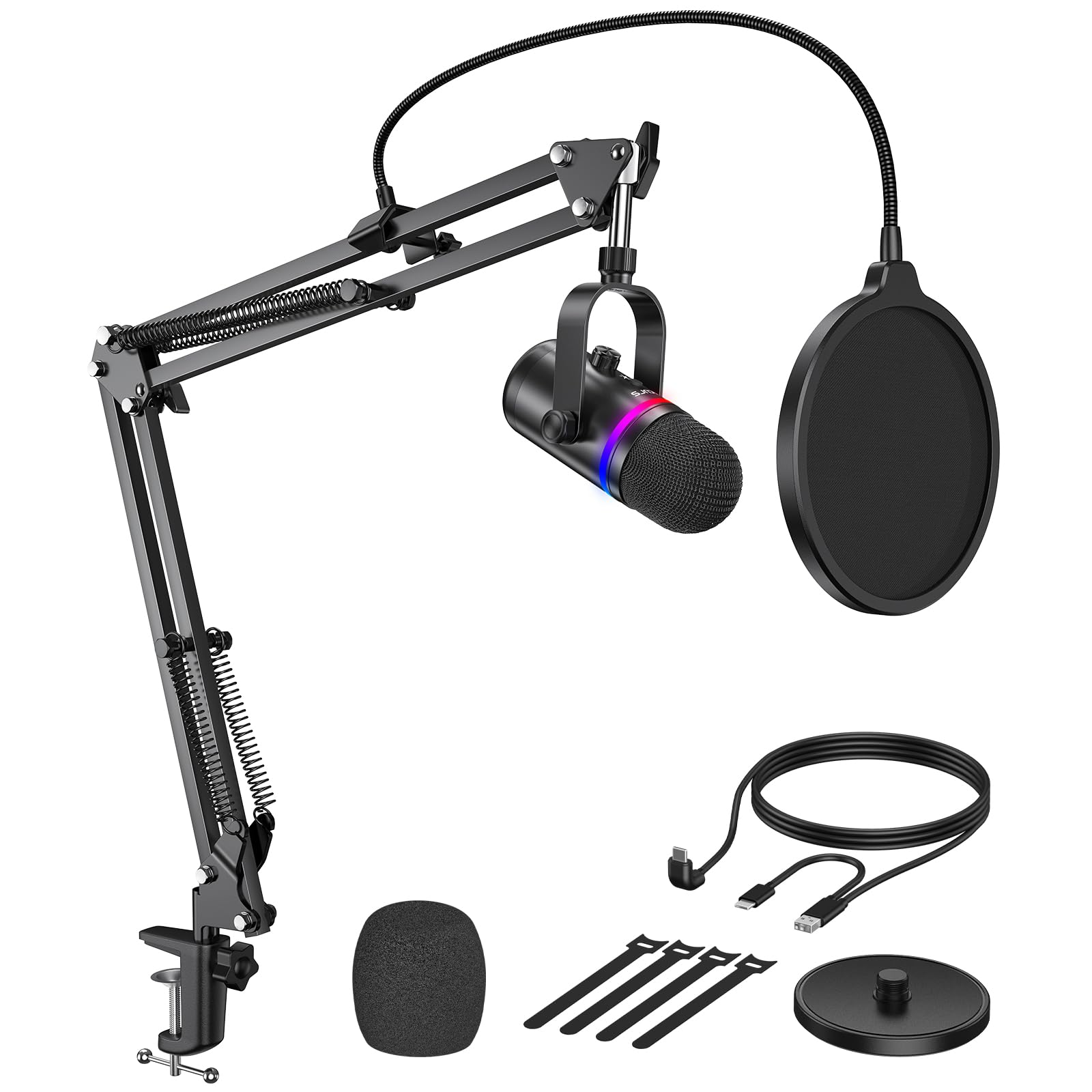 میکروفون USB TECURS با RGB و با آرم، میکروفون کاندنسر برای کامپیوتر، کیت میکروفون با استند قابل تنظیم، فیلتر صدا، قابلیت سریع بیصدا، کنترل گین برای استریمینگ، پادکست‌ها و ضبط صدا، مناسب برای PS4/5 - رنگ مشکی