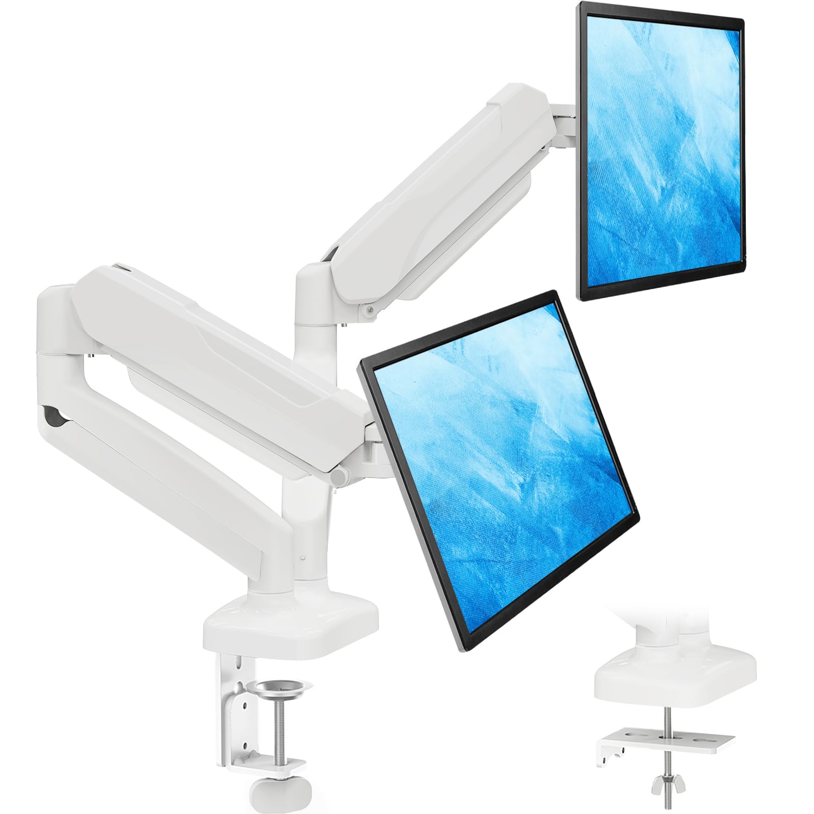 مانیتور استند دوگانه سفید MOUNTUP برای میز، استند دوگانه گازی قابل تنظیم برای مانیتور 13-32 اینچ، بازوی مانیتور برای 2 مانیتور با حداکثر وزن 17.6 پوند، VESA 75x75 100x100 با پایه C-clamp و Grommet