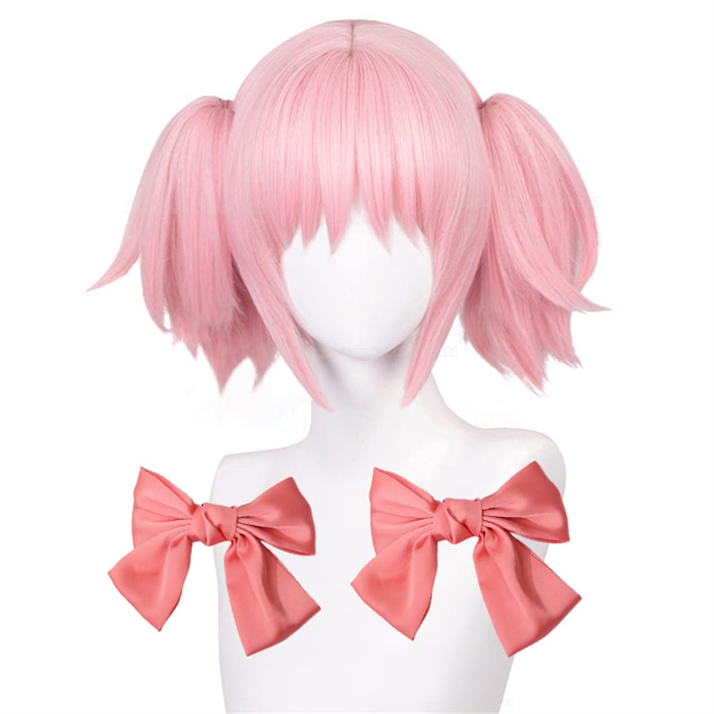 موشن کوین انیمه Puella Magi Madoka Magica Madoka Kaname Cosplay Wig با دو کمربند صورتی کوتاه و دم‌های اسب برای زنان دختران (صورتی)