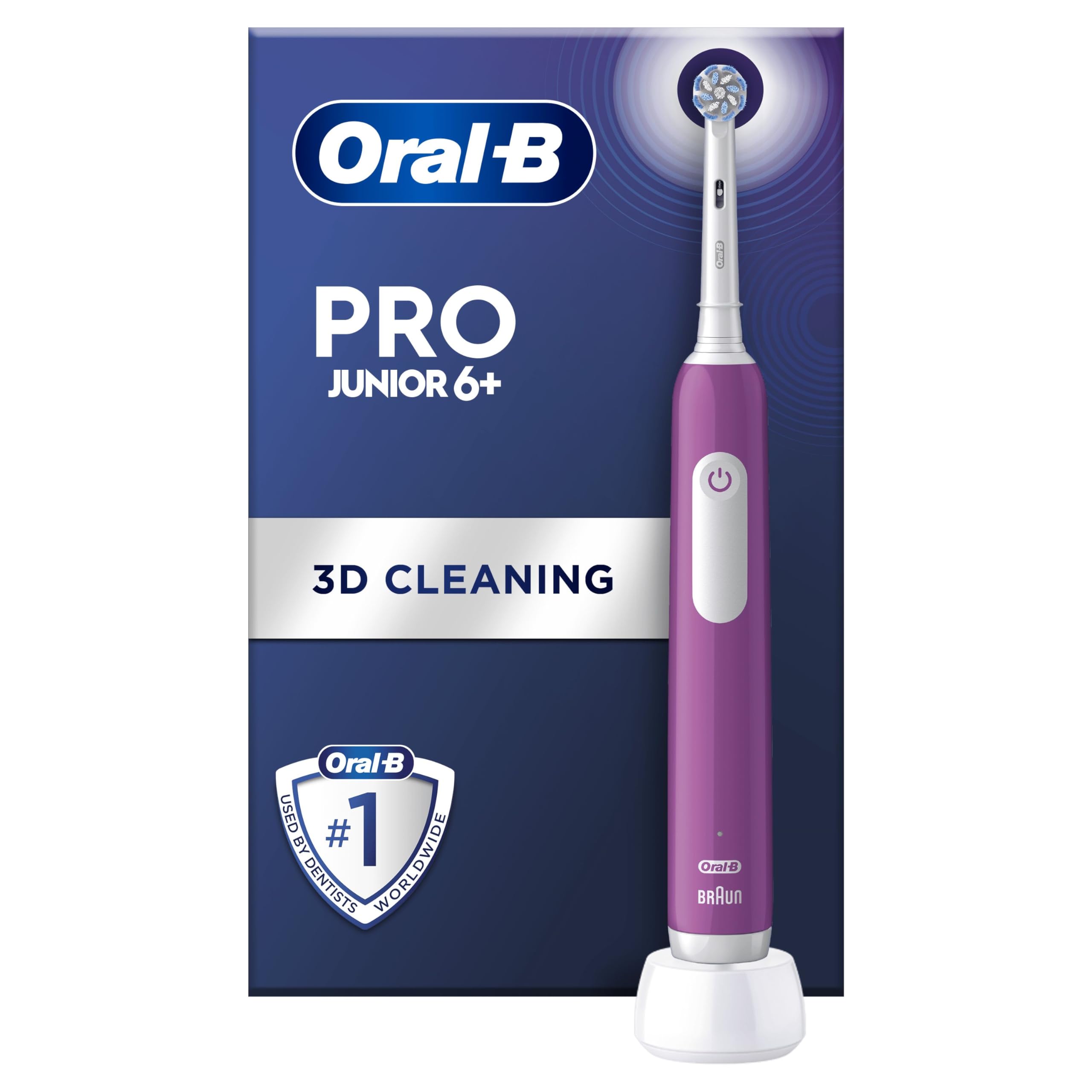 سیستم خودکار دندان‌پزشکی کودکان Oral-B Pro Junior، 1 سر دندان‌بُرس، 3 حالت با حالت حساس مخصوص کودکان، برای سن ۶ سال به بالا، با سرپیچ انگلستان (2 پین)، بدون پر کردن اضافی، رنگ بنفش