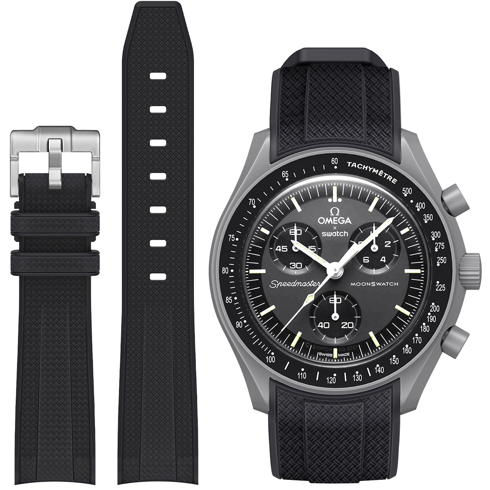 استرپ ساعت Stanchev Omega x Swatch MoonSwatch/Rolex با عرض 20 میلی‌متر از جنس سیلیکون نرم برای ساعت‌های Omega X Swatch Moonswatch Speedmaster برای تعویض باند منحنی Moonswatch Swatch بدون فواصل، مناسب برای ساعت‌های رولکس با رنگ مشکی می‌باشد.