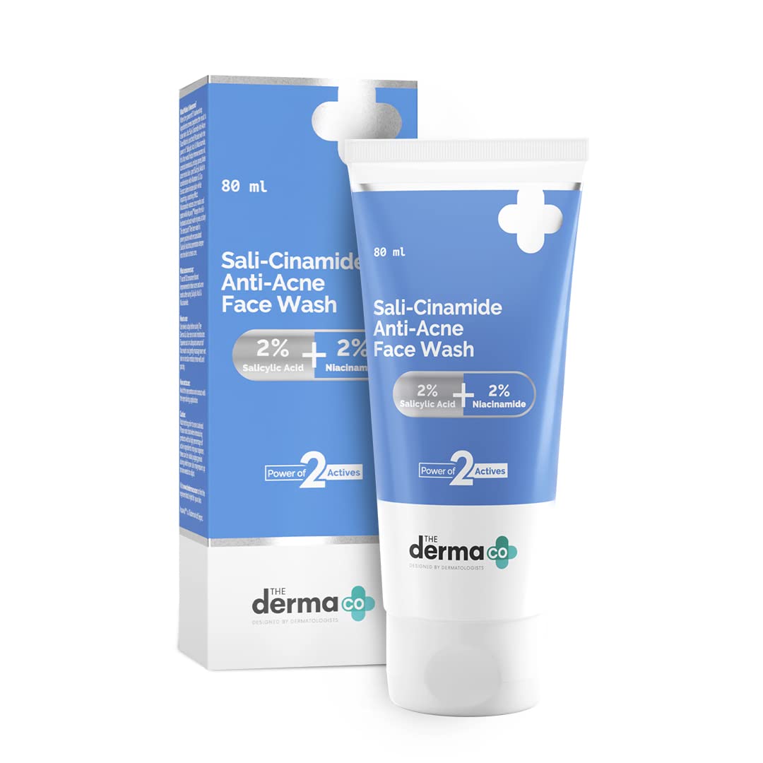 شستشوی صورت Derma Co Sali-Cinamide با 2٪ اسید سالیسیلیک و 2٪ نیاسینامید برای جوش ها، جوانه ها و علائم | تمیزکننده عمیق برای پوست چرب، مستعد جوش، عادی، خشک و ترکیبی | برای زنان و مردان - 100 میلی‌لیتر (بسته‌ای شامل 80 میلی‌لیتر)