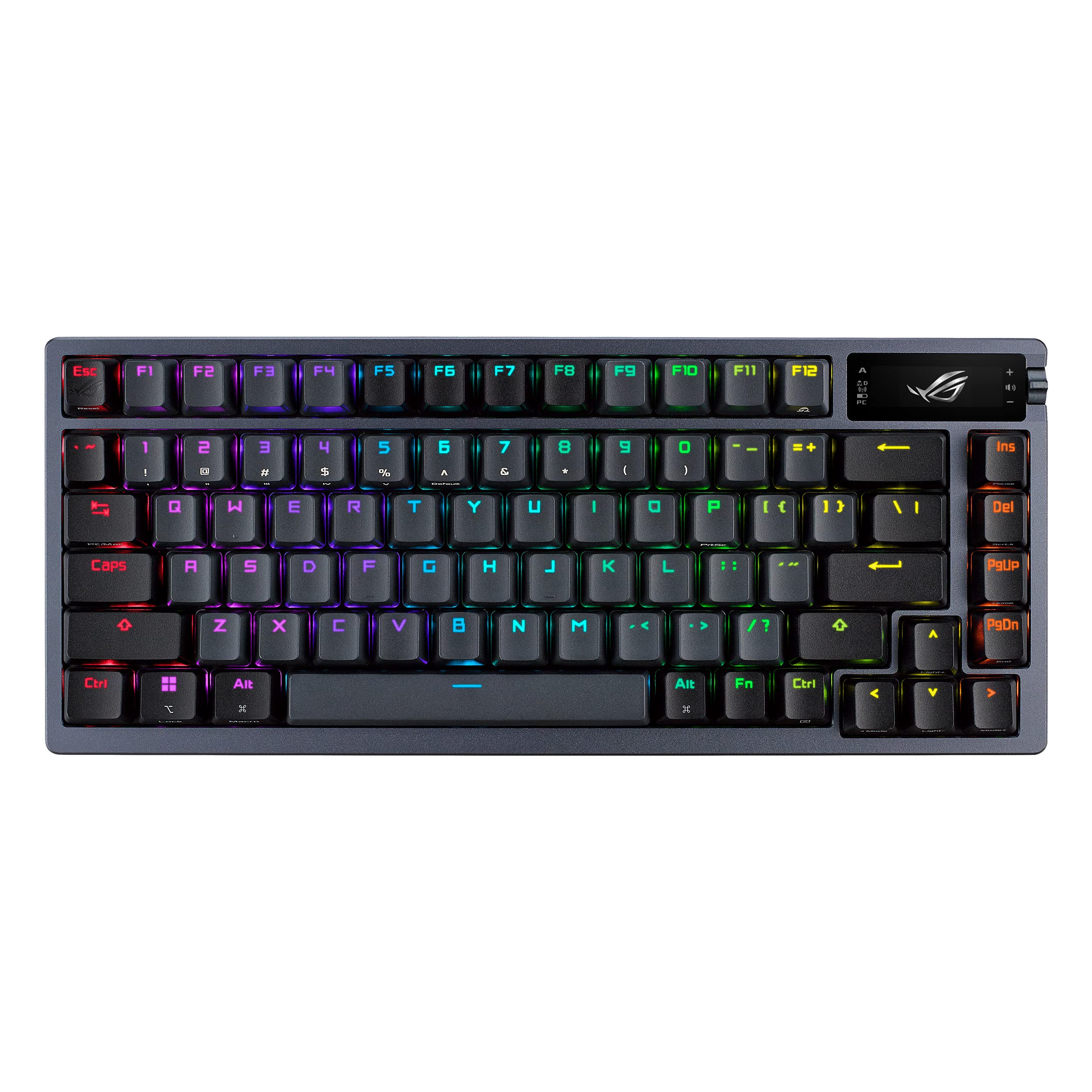 صفحه کلید بازی ASUS ROG Azoth 75 بی‌سیم شخصی سازی شده، نمایشگر OLED، نصب گیسکت، سه لایه مهار کننده، کلید‌های قابل تعویض سریع ROG NX قرمز و استابلایزرهای صفحه کلید، کلید‌های ABS، طرح AR مشکی