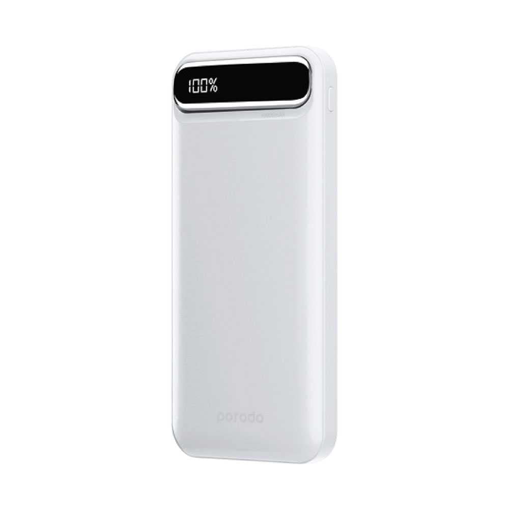پاور بانک Porodo 10000mAh شارژ دو دستگاه به طور همزمان، نمایشگر دیجیتال LED، محافظت در برابر گرما، مواد ضد حریق، طراحی باریک - سفید
