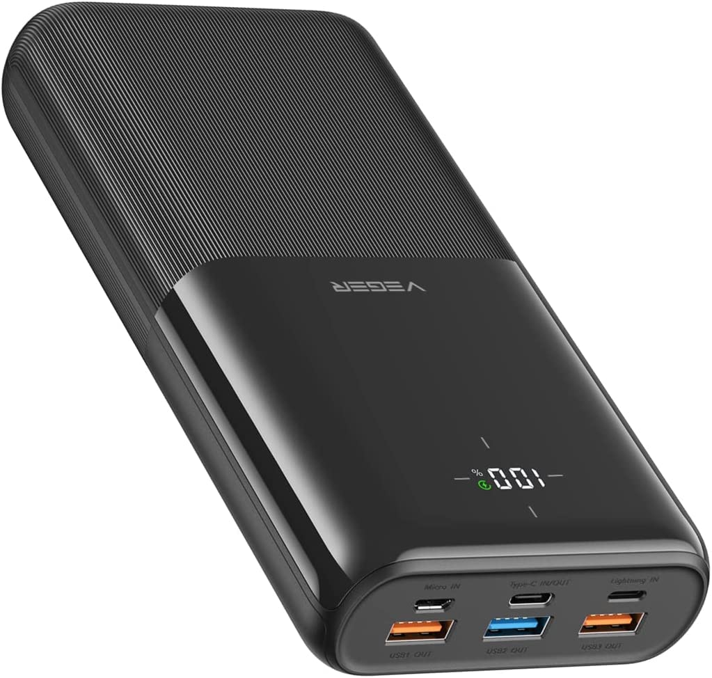 شارژر قابل حمل VEGER Power Bank 30000mAh ، QC 3.0 PD 20W USB 6-Port 3A Fast Charging Charger ، بسته باتری USB C ، شارژر با نمایشگر LED هوشمند باتری تلفن همراه برای سری iPhone ، Samsung ، Android و غیره سیاه