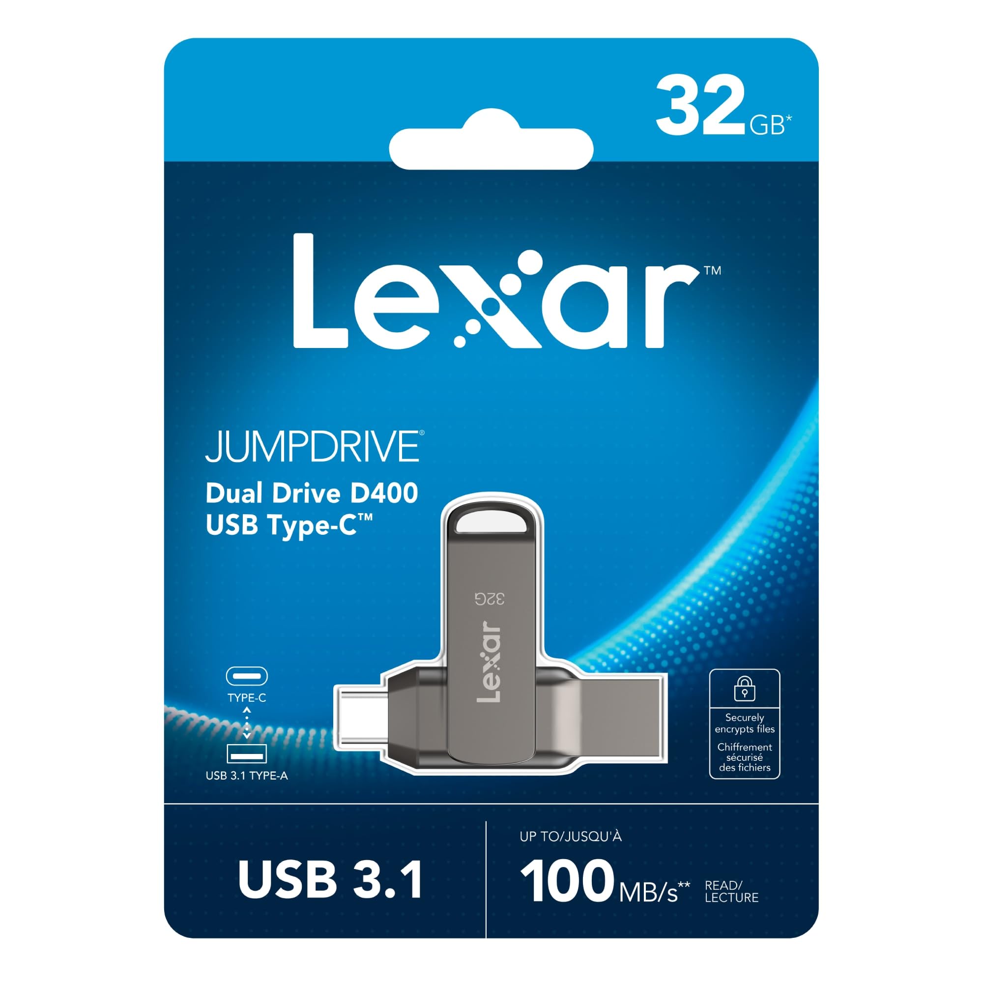 فلش درایو دوگانه لکسار 32 گیگابایت مدل D400 نوع C و نوع A USB 3.2 با سرعت 100 مگابایت بر ثانیه