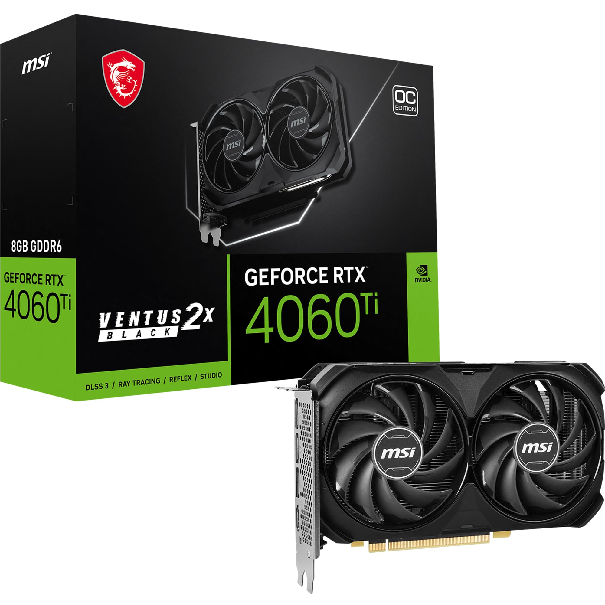 MSI GeForce RTX 4060 Ti VENTUS 2X BLACK 8G OC گرافیک های کارت: PCI Express Gen 4 x16، سرعت حافظه 18 گیگابایت بر ثانیه، 8 گیگابایت GDDR6، 3x DisplayPort، 1x HDMI، رزولوشن حداکثر 7680 x 4320 - سیاه
