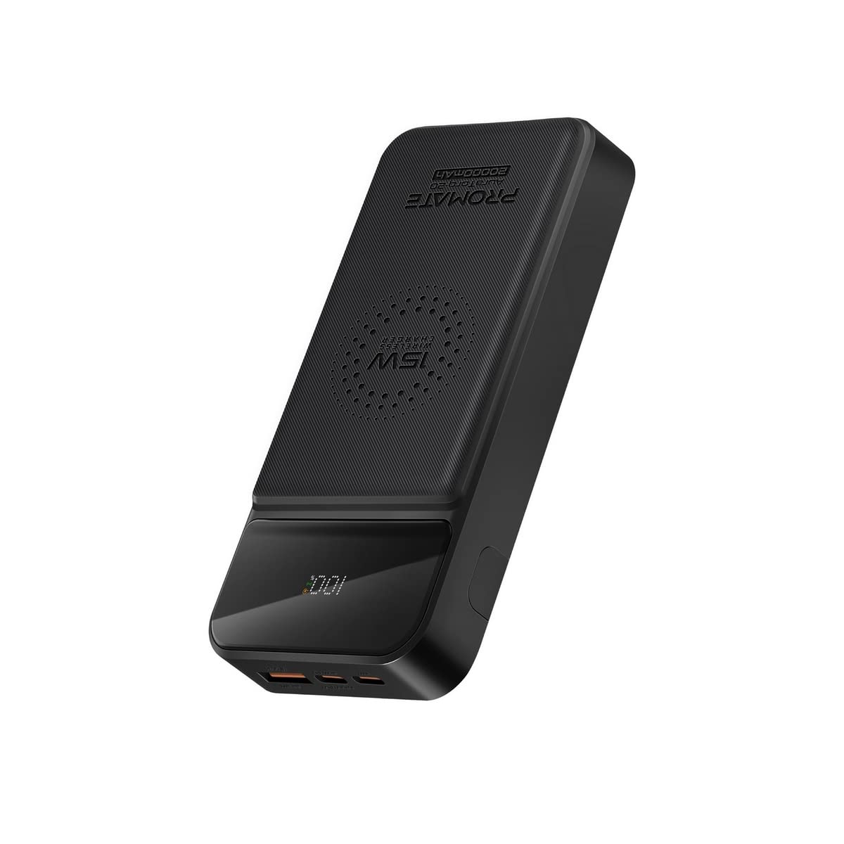 پاور بانک Promate iPhone 15، شارژر بی‌سیم Qi قابل حمل 20000mAh با توان 15 وات با پورت تحویل توان USB-C 20 وات، USB-C 18 وات، USB QC 3.0 با توان 22.5 وات، صفحه نمایش LCD و پایه نگهدارنده برای iPhone، Galaxy S23، AuraTorq-20