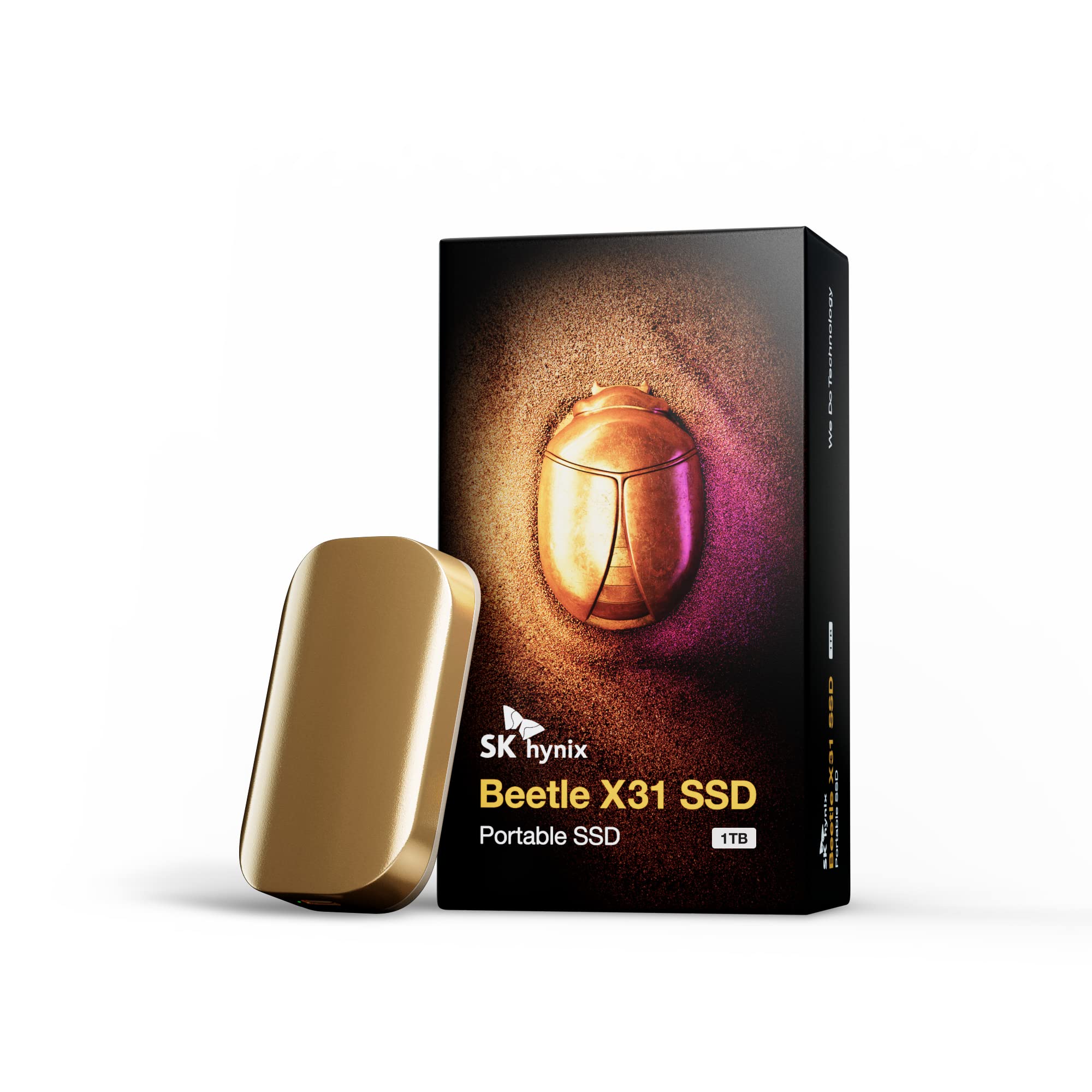 اس اس دی قابل‌حمل SK hynix Beetle X31 1 ترابایت با حافظه دینامیک تصادفی (DRAM)، تا 1050 مگابایت بر ثانیه، USB 3.2 نسل دوم، درایو خارجی سازگار با کامپیوتر، مک، لپ تاپ، ایکس‌باکس، پلی‌استیشن ۵ رنگ طلا شامپاین