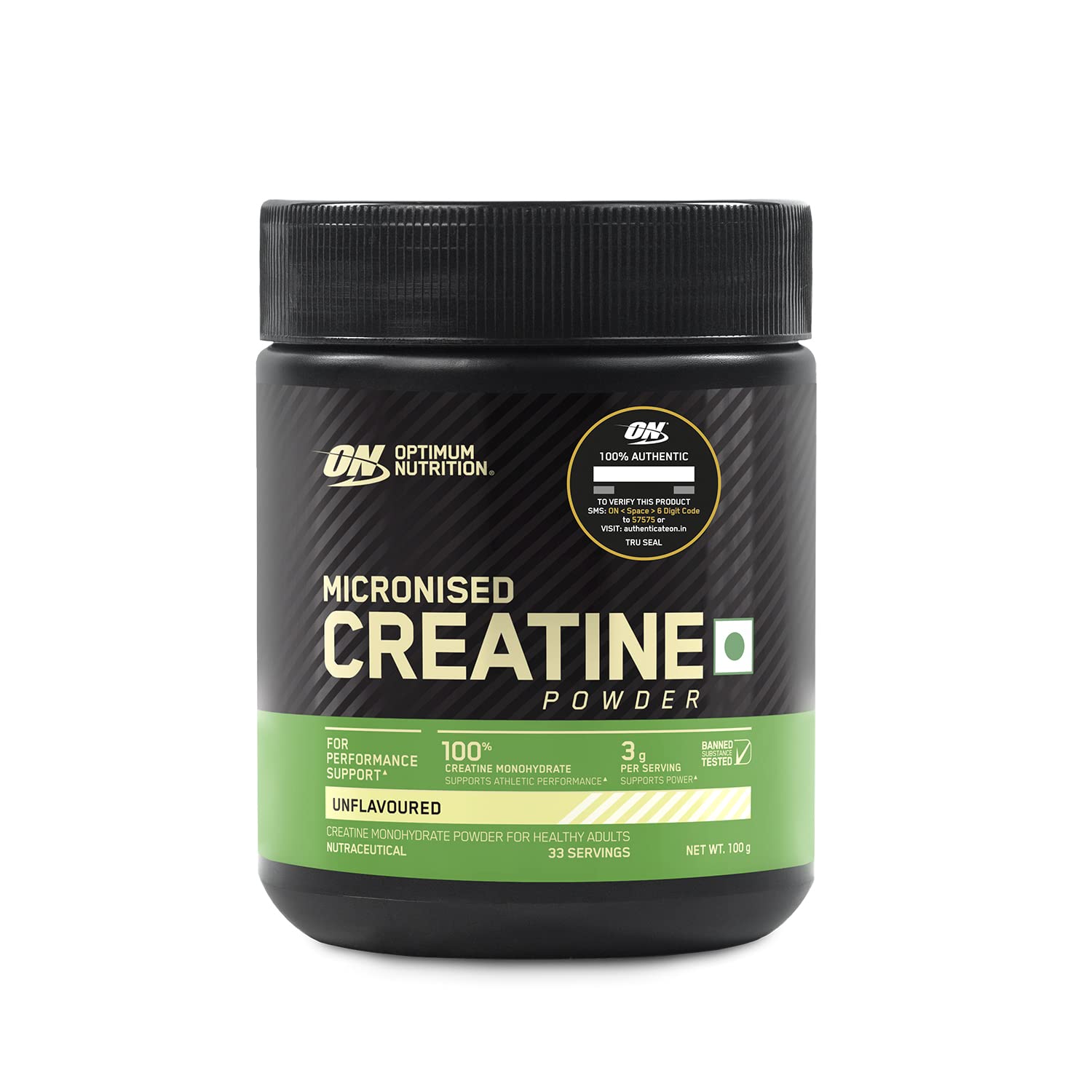 پودر کراتین میکرونیزه Optimum Nutrition (ON) - 100 گرم، 33 پارسل، 3 گرم کراتین مونوهیدرات 100٪ در هر پارسل، حمایت از عملکرد و قدرت ورزشی، بدون طعم.