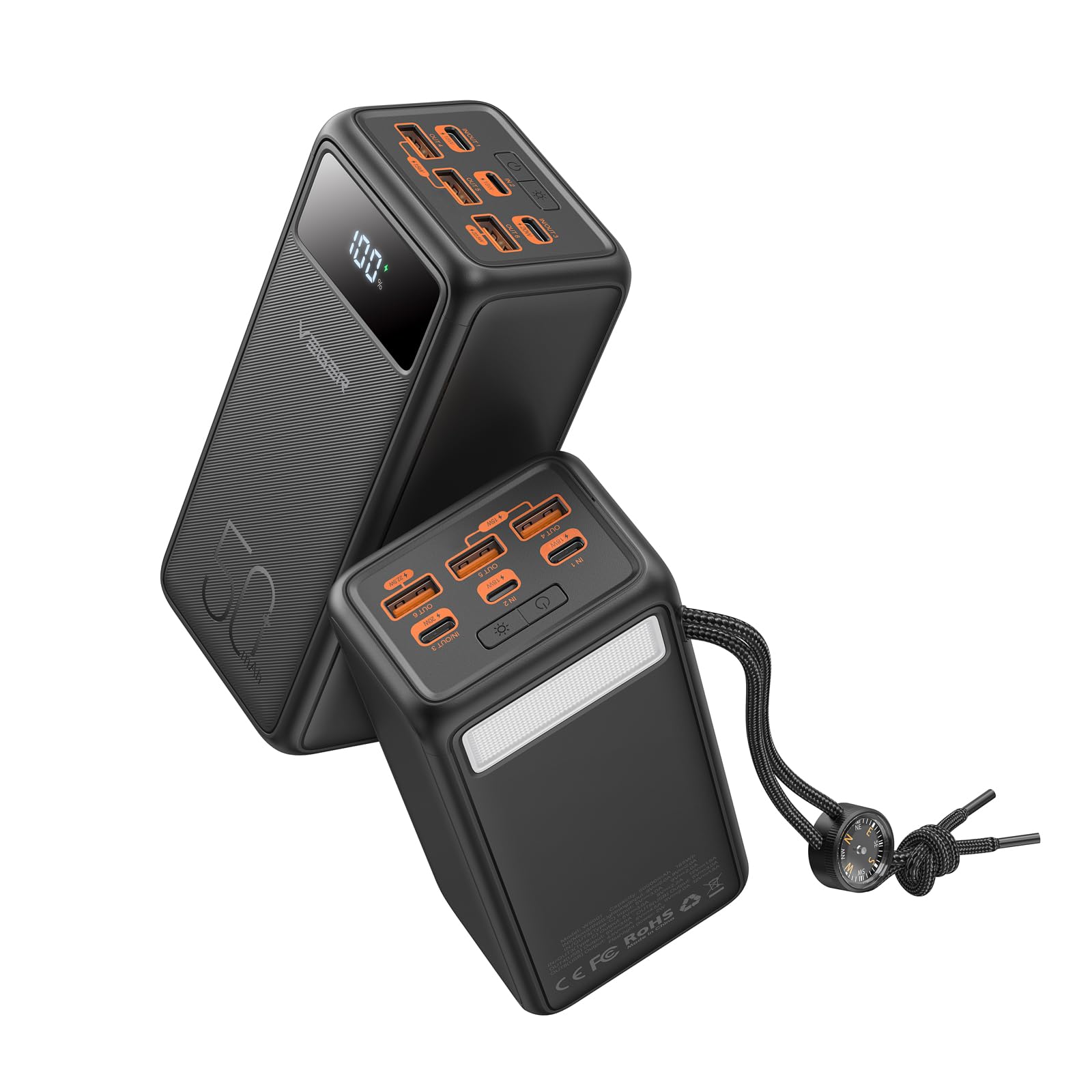 پاور بانک VEGER 50000mAh، شارژر قابل حمل 100W PD/QC3.0 با ظرفیت بالا، شارژ سریع، باتری USB C با کابل‌ها و نمایشگر LED و 3 حالت چراغ قوی و قطب نما برای استفاده در فضای باز 50000mAh-22.5W-185WH