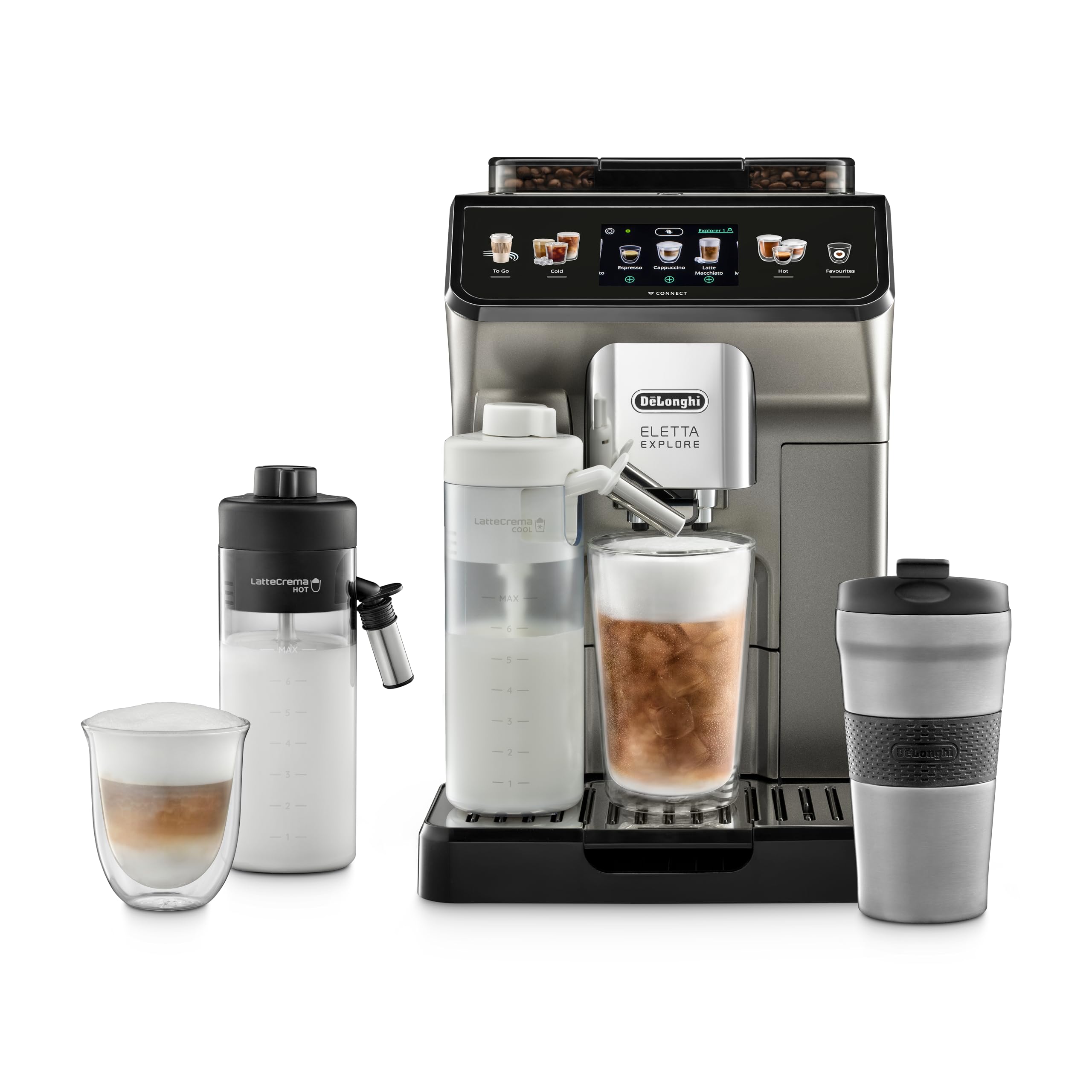 دستگاه قهوه‌ساز De'Longhi Eletta Explore Bean to Cup با فناوری کرم لته داغ و سرد، فناوری استخراج سرد، دارای نمایشگر ۳٫۵ اینچی TFT و کنترل نرم، قابلیت اتصال به اینترنت از طریق وای-فای - تیتانیوم، مدل ECAM450.86.T.