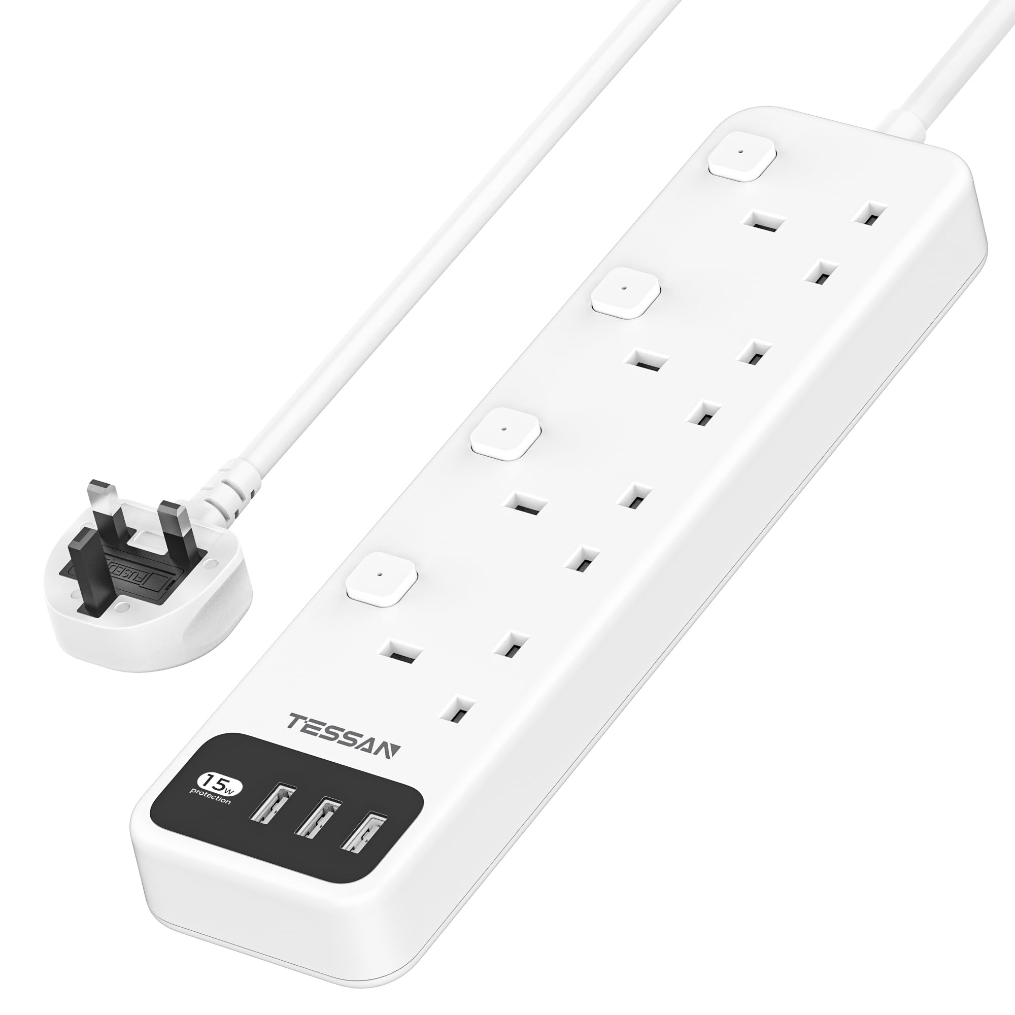 لوله تمدید با 3 درگاه USB ، تسن 4 راه مالتی پلاگ با کلیدهای جداگانه ، کابل تمدید پریز دیواری مونت 2M ، 3250W چند پلاگ قدرتی برای خانه ، دفتر کار ، تأمین مدرسه