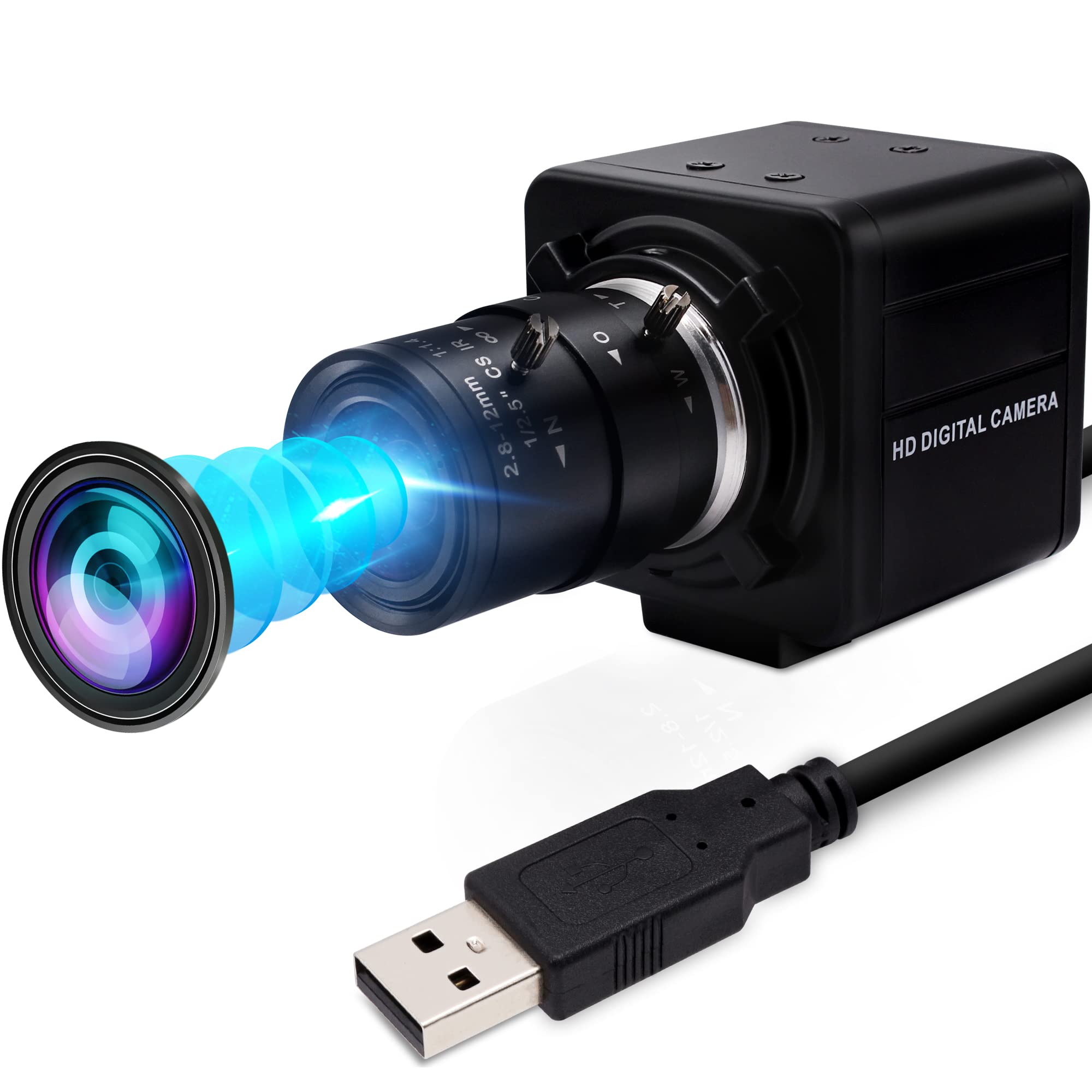 دوربین USB IFWATER با کیفیت 1080P با سرعت بالا 260 فریم در ثانیه، لنز دوربین با زوم اپتیکال 4 برابر و با فاصله کانونی 2.8-12 میلیمتر، وب‌کم USB 2MP با قابلیت زوم و نزدیک‌شو و دور‌شو دستی، دوربین Golf Swing برای کامپیوترهای UVC و Raspberry Pi و ویندوز و مک به رنگ سیاه