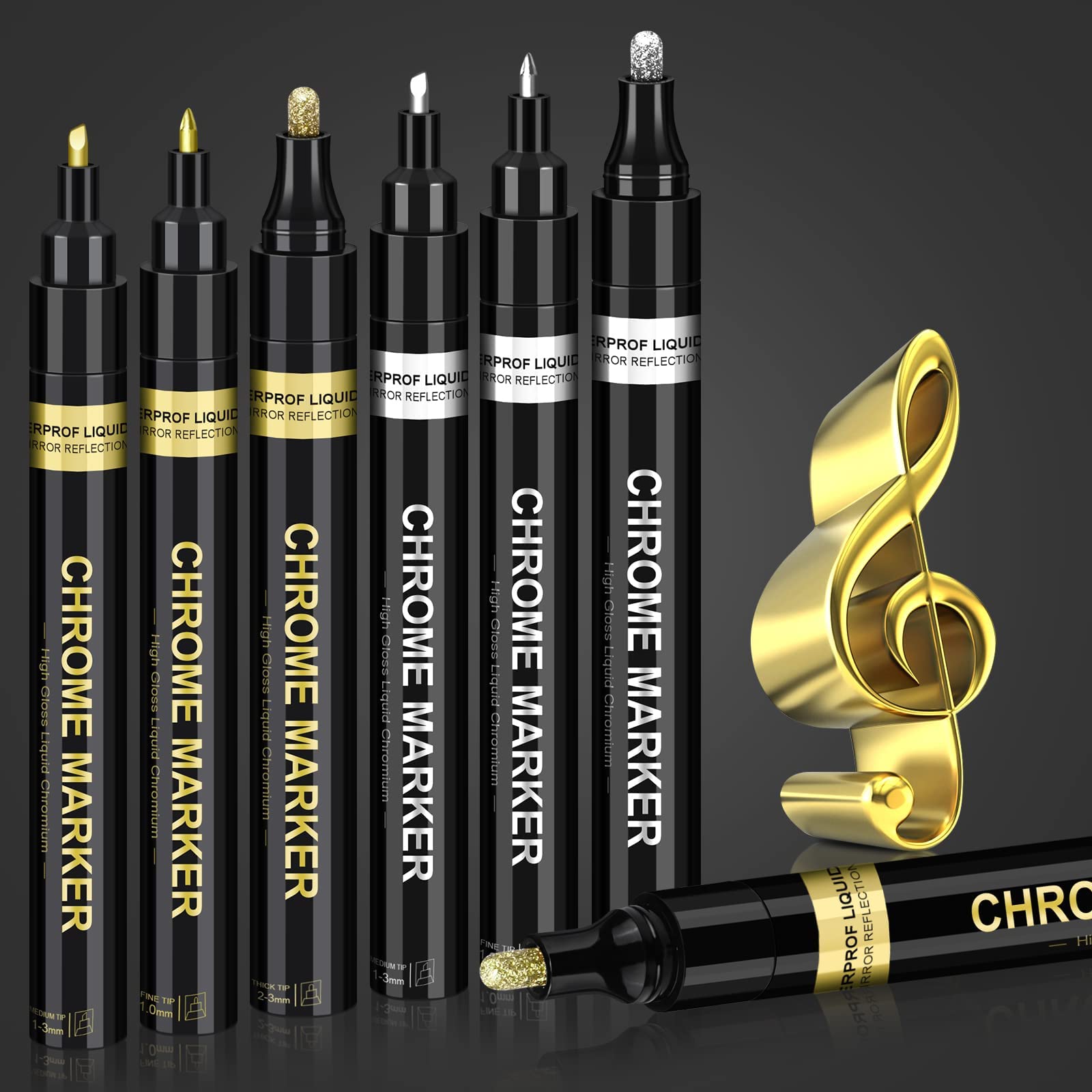 نوک نقره ای و طلا Liquid Mirror Chrome Marker، 6 عدد قلم رنگ آینه نقاشی دائمی بر پایه روغن، منطقه برنامه‌های بزرگتر 1-3 میلیمتر، درخشندگی بازتابی، وسایل رزین برای رنگ آمیزی، ضربه زدن، نقاشی، صنعت دستی