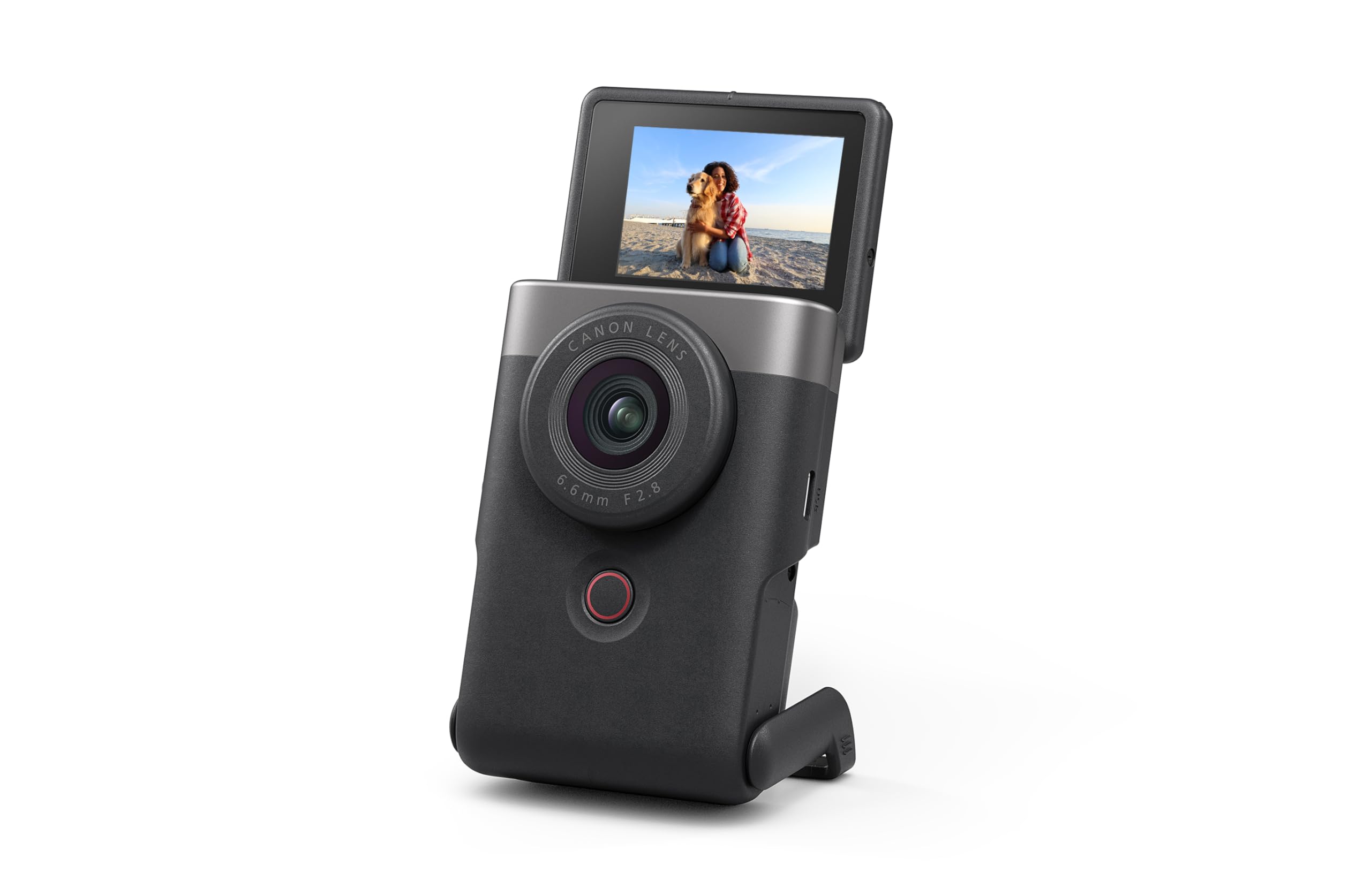 دوربین ویدیویی Canon PowerShot V10 برای خالقین محتوا، لنز 19 میلی‌متری زاویه‌ی وسیع، سنسور 1 اینچی CMOS، ویدیو 4K، پیگیری چهره، میکروفون داخلی، استابیلایزر تصویر، وبکم، پخش زنده، نقره ای مشکی