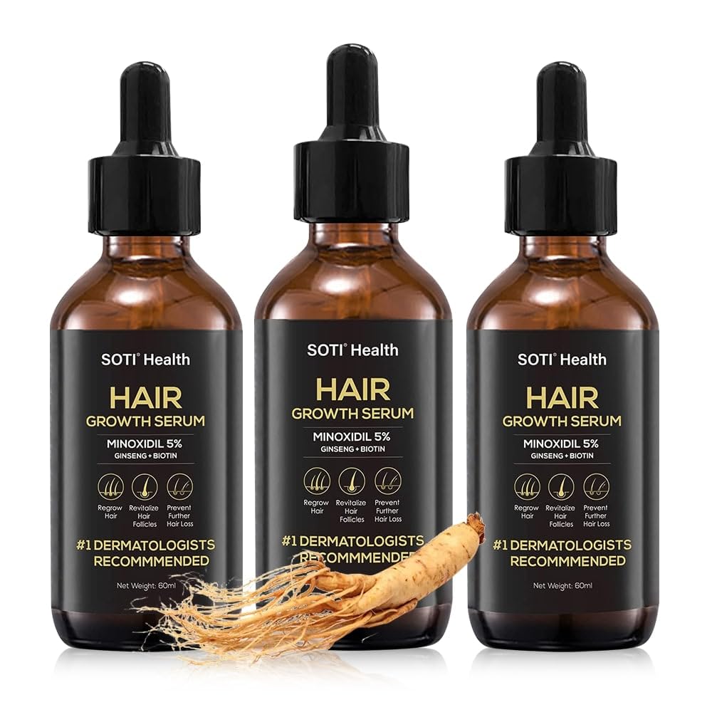 سرم رشد موی Minoxidil 5% Soti، درمان ریزش مو. تولید شده در ایالات متحده آمریکا! توصیه شده توسط دکترهای پوست. فرمول اکسترا قوی حاوی ژینسنگ و بیوتین. (3 بسته) موجودی برای 3 ماه (180 میلی لیتر)