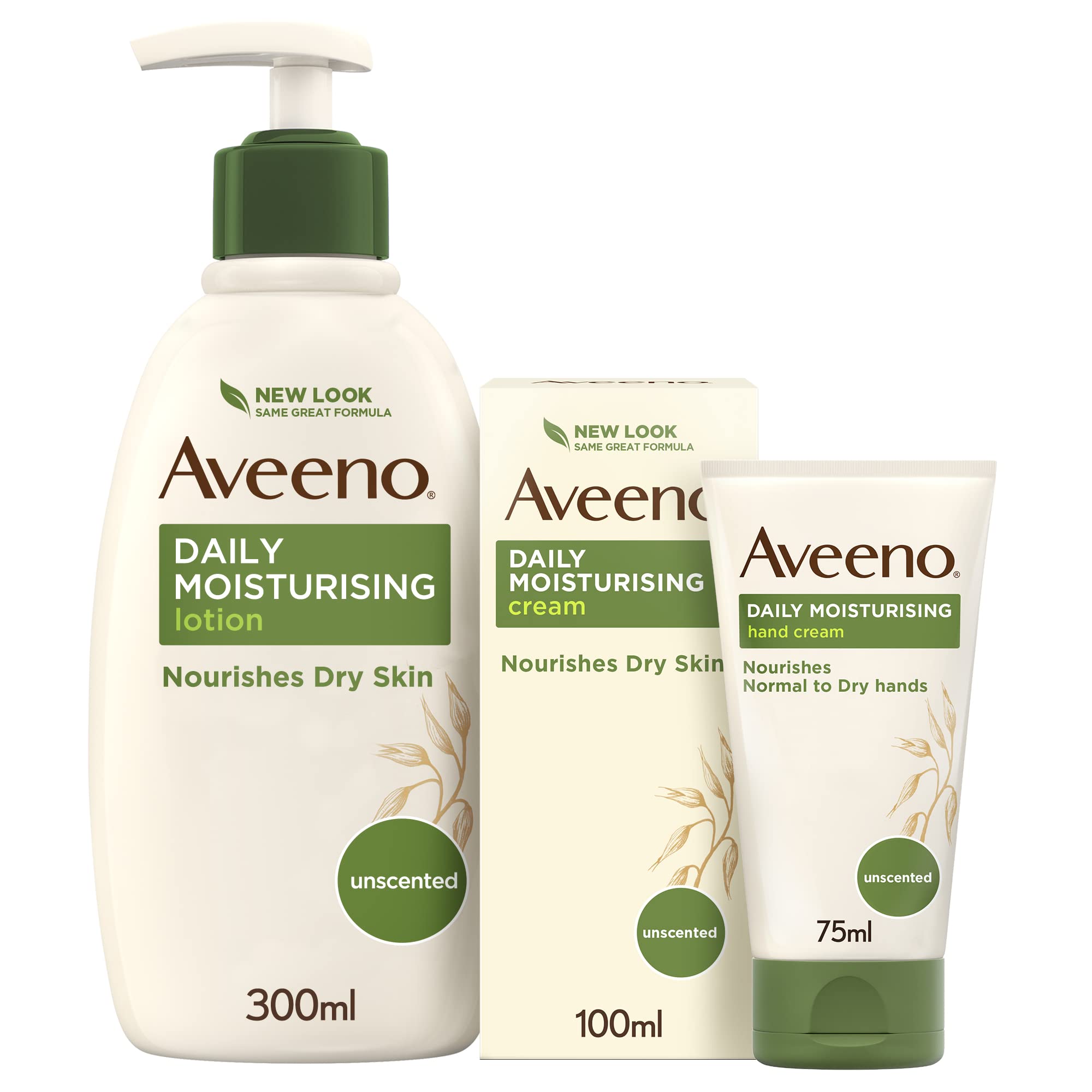 کرم مرطوب کننده روزانه Aveeno 100 میلی لیتر ، لوسیون مرطوب کننده روزانه Aveeno 300 میلی لیتر و بسته تبلیغاتی مرطوب کننده روزانه دست Aveeno رایگان 75 میلی لیتر مراقبت از پوست