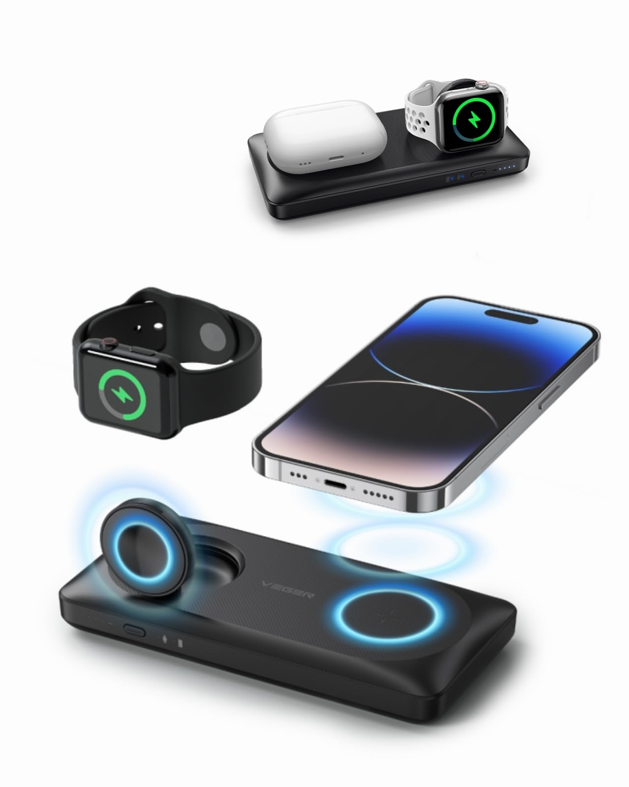 تبدیل کننده برق وایرلس مغناطیسی VEGER 3 در یک 10000mah، شارژر قابل حمل بی‌سیم 22.5 واتی PD، باتری شارژر Magsafe برای مدل‌های iPhone 14/13، AirPods، Apple Watch Ultra 8/7/6/5/4/3 سیاه