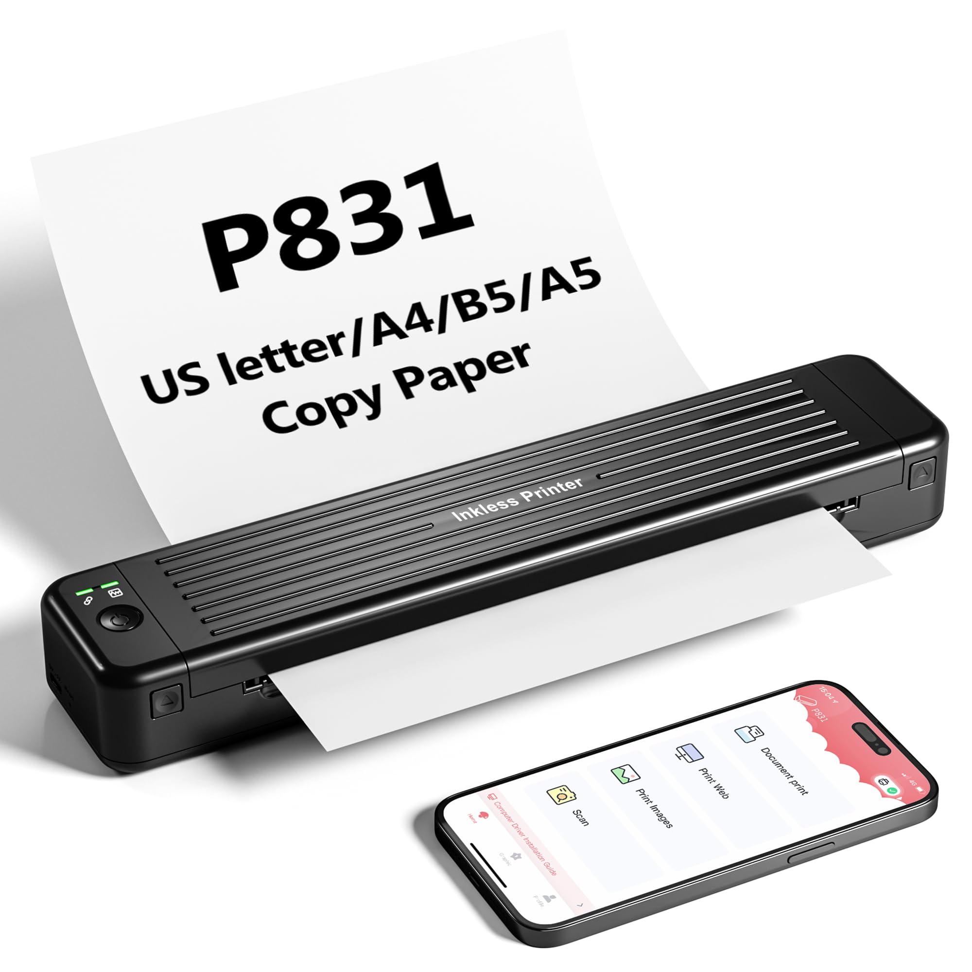 پرینتر قابل حمل بی‌سیم ایتاری P831 برای سفر، پرینتر حرارتی بلوتوثی ایتاری، پرینتر بدون جوهر 300DPI برای کاغذ کپی A4، پرینتر موبایل کوچک و لپ تاپ برای خانه و دفتر کار (رنگ مشکی)