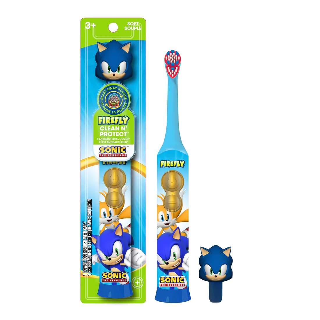 FIREFLY تمیز کننده و محافظ، مسواک Sonic The Hedgehog با درپوش 3D بهداشتی، موی نرم با کیفیت بالا، دسته با قدرت چسبندگی ضد لغزش، باطری درون‌دار، برای سنین بالای 3 سال، 1 عدد 3 تایی مجموعه مسواک